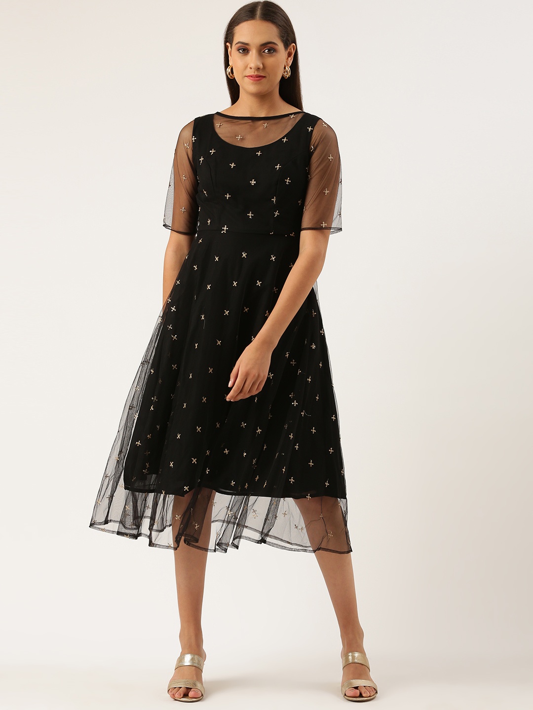 

Ethnovog Black Sequin Embellished Net A-Line Dress