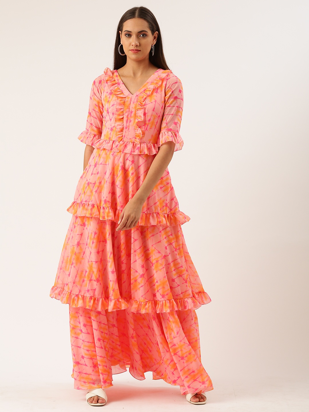 

Ethnovog Pink Orange Ready To Wear Digital Print Layered A-Line Ethnic Gown