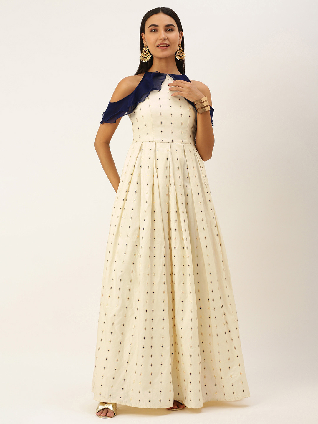 

Ethnovog Cream-Coloured Navy Blue Pure Cotton Jacquard Design Maxi Ethnic Dress
