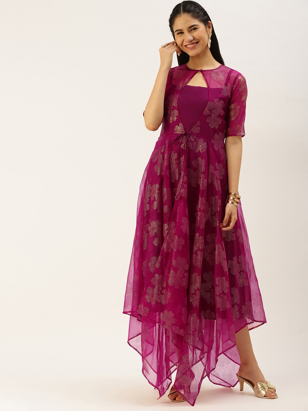 

Ethnovog Purple Golden Floral Foil Print Layered Maxi Ethnic Dress