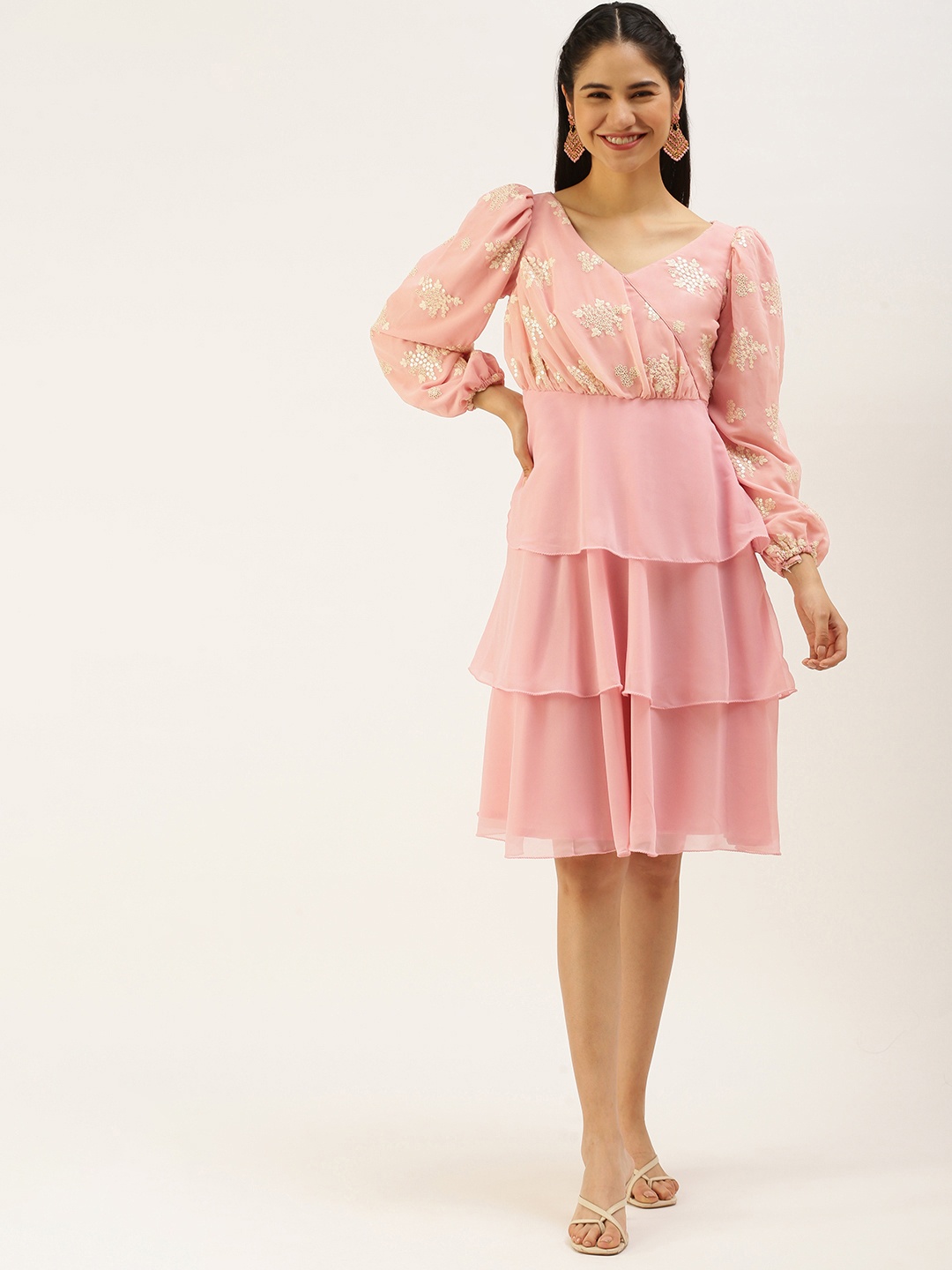 

Ethnovog Pink Ethnic Embellished Layered Georgette Wrap Dress