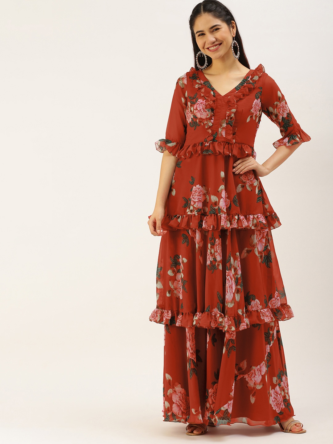 

Ethnovog Rust Orange Pink Floral Digital Print Georgette Maxi Ethnic Dress