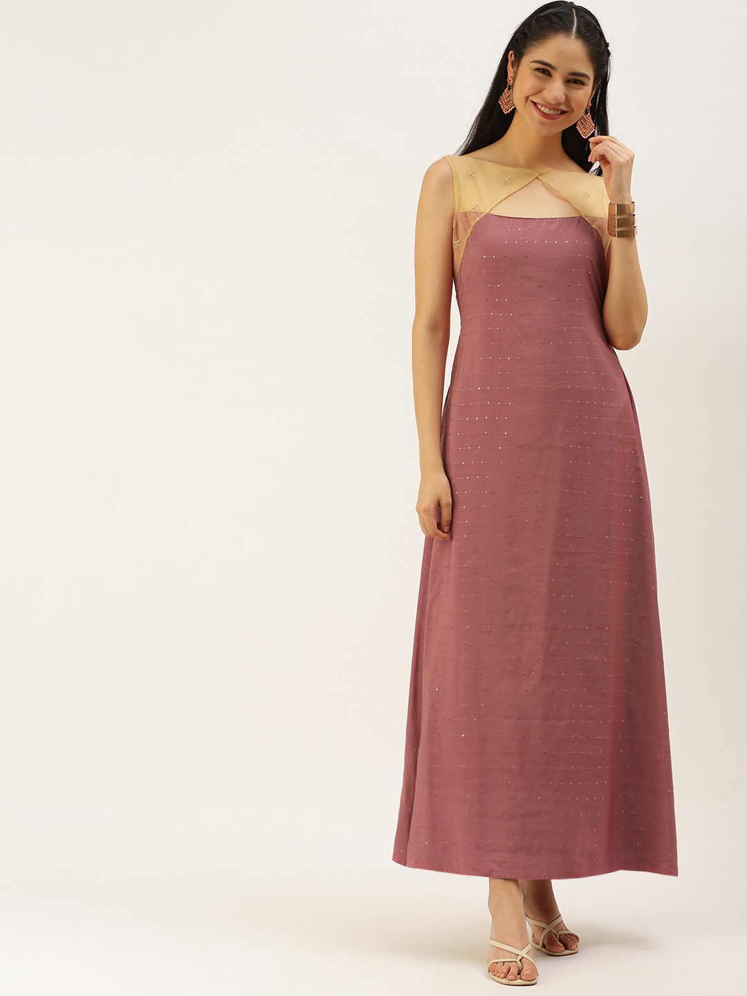 

Ethnovog Dusty Pink Striped Sequined Maxi Dress, Rose