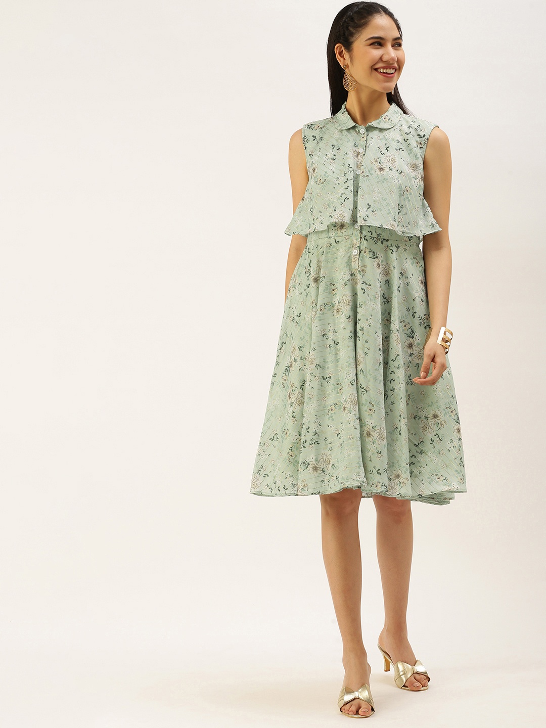 

Ethnovog Green Floral Print Layered A-Line Dress
