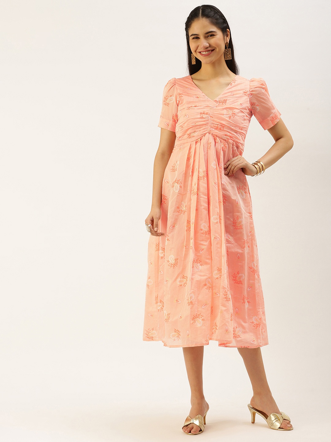 

Ethnovog Peach-Coloured Ethnic Foil Print A-Line Midi Dress