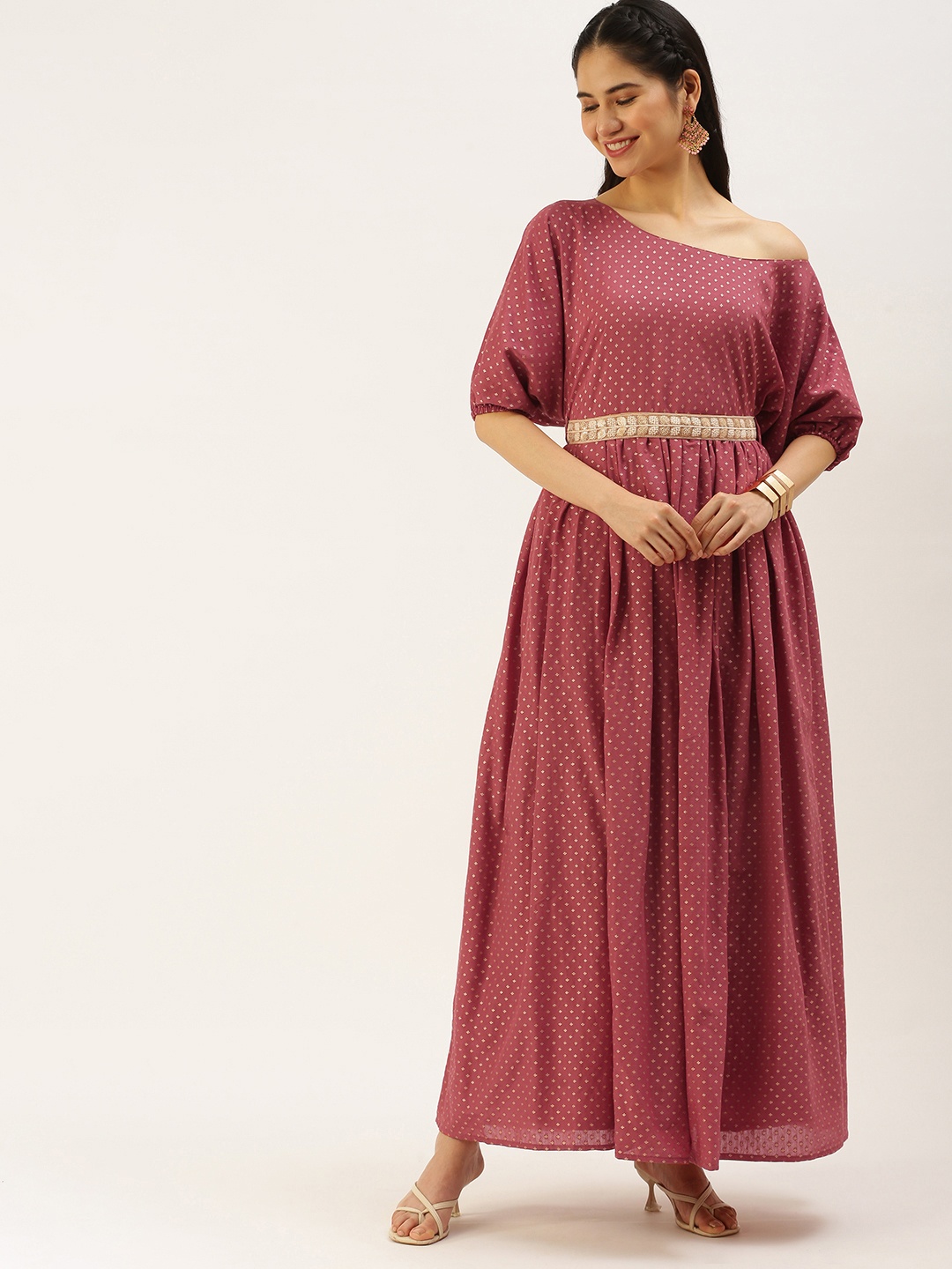 

Ethnovog Rose Gold-Toned Ethnic Motifs One Shoulder Ethnic Maxi Maxi Dress