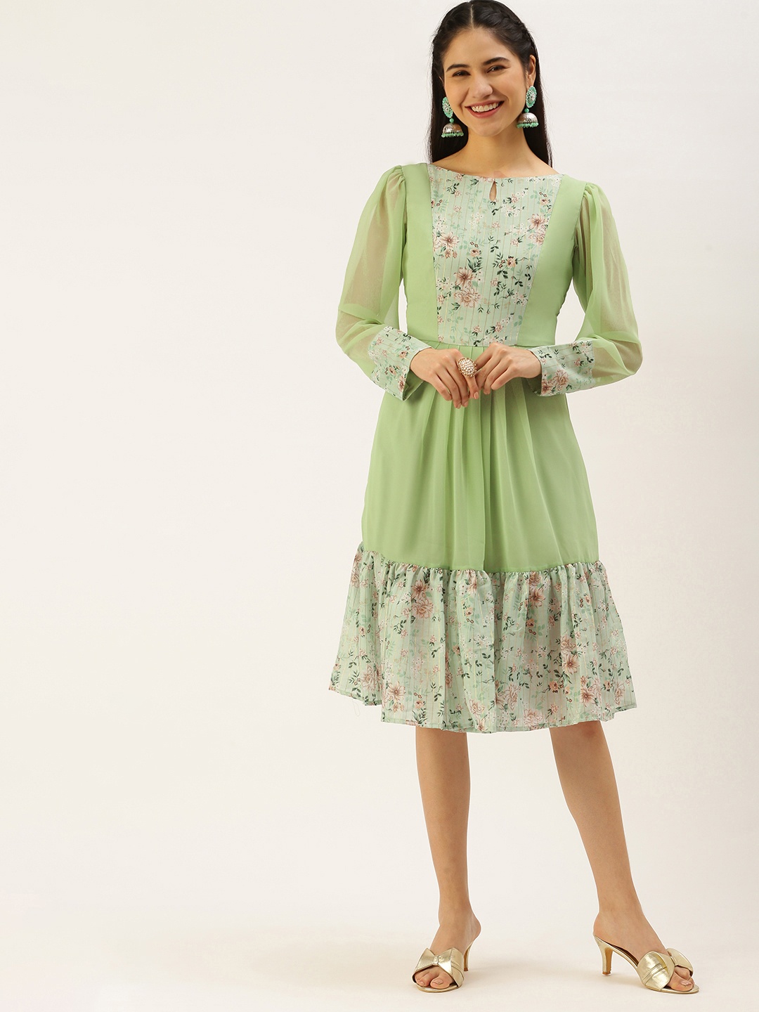 Ethnovog Green Floral Print Keyhole Neck Georgette A-Line Dress