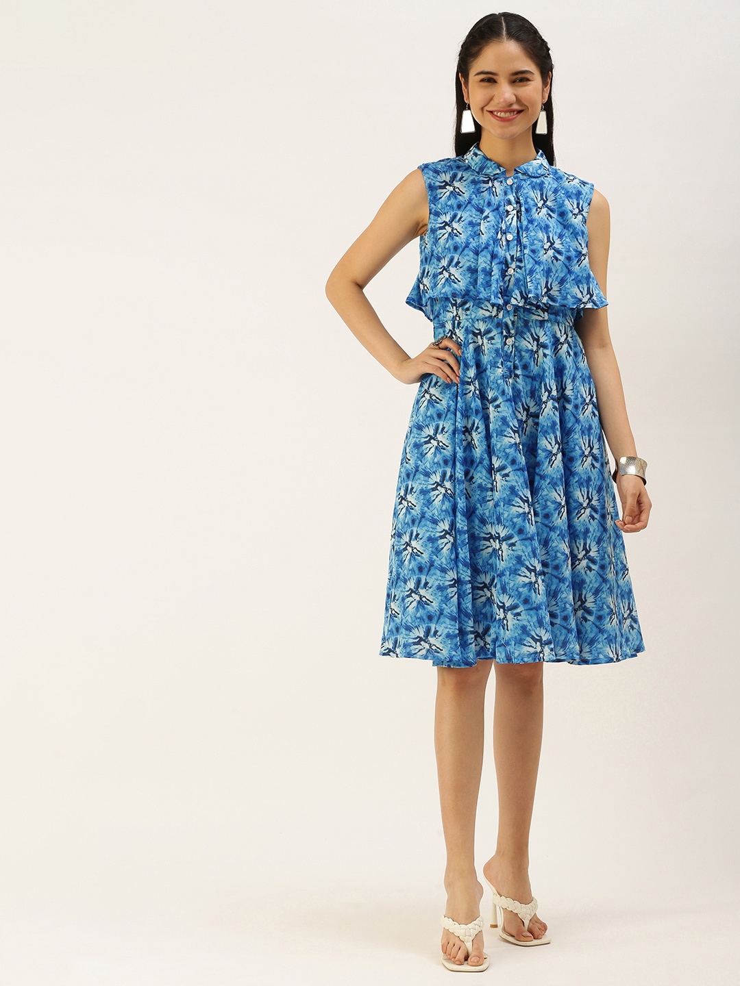 

Ethnovog Blue White Tie and Dyed Cotton Layered A-Line Dress