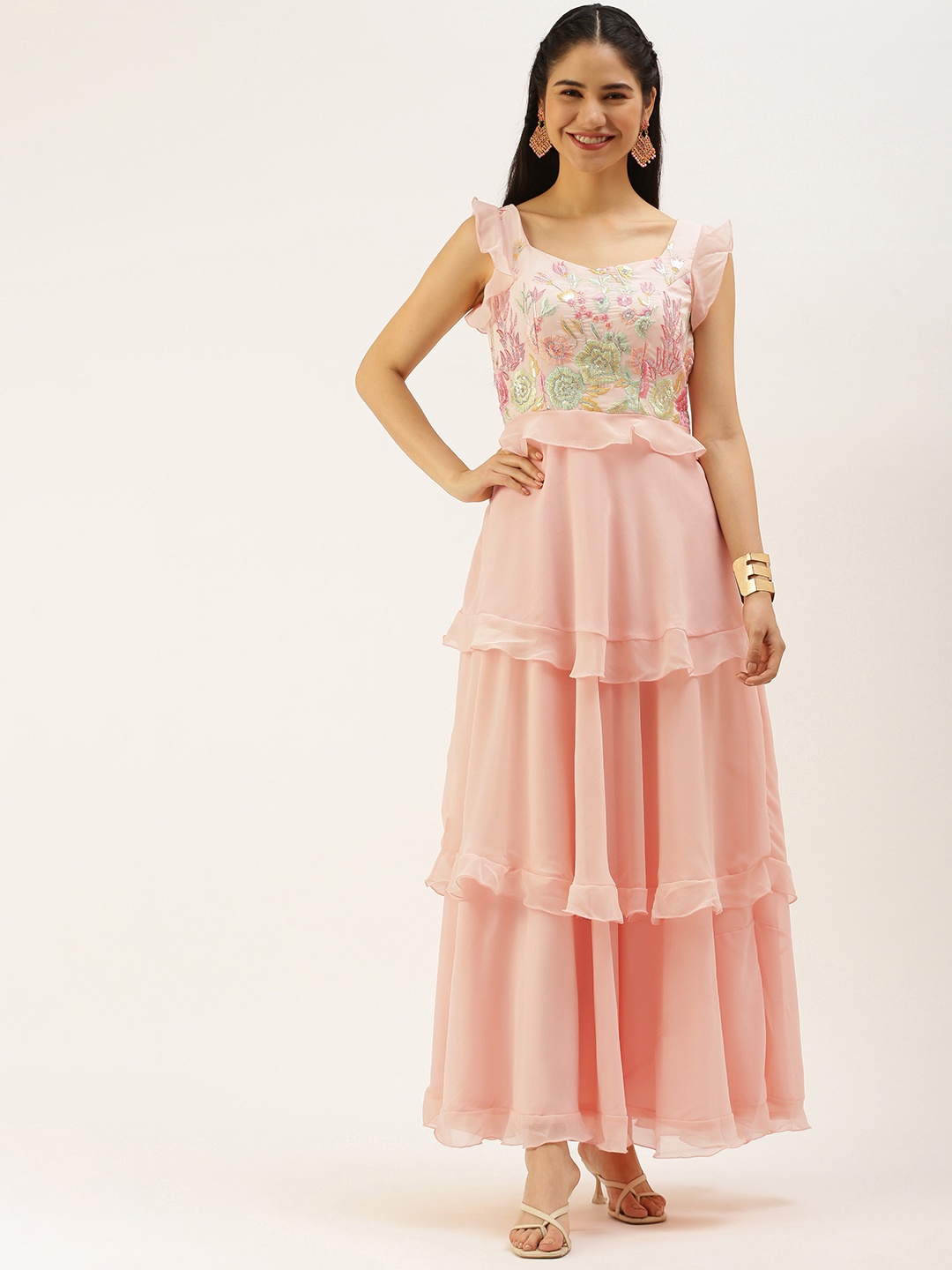 

Ethnovog Peach-Coloured Green Floral Embroidered Georgette Maxi Padded Dress