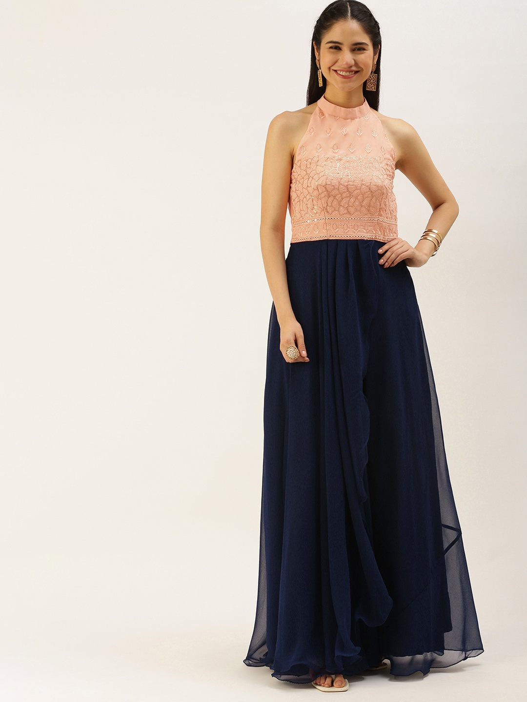 

Ethnovog Navy Blue Peach-Coloured Ethnic Motifs Embroidered Halter Neck Georgette Gown