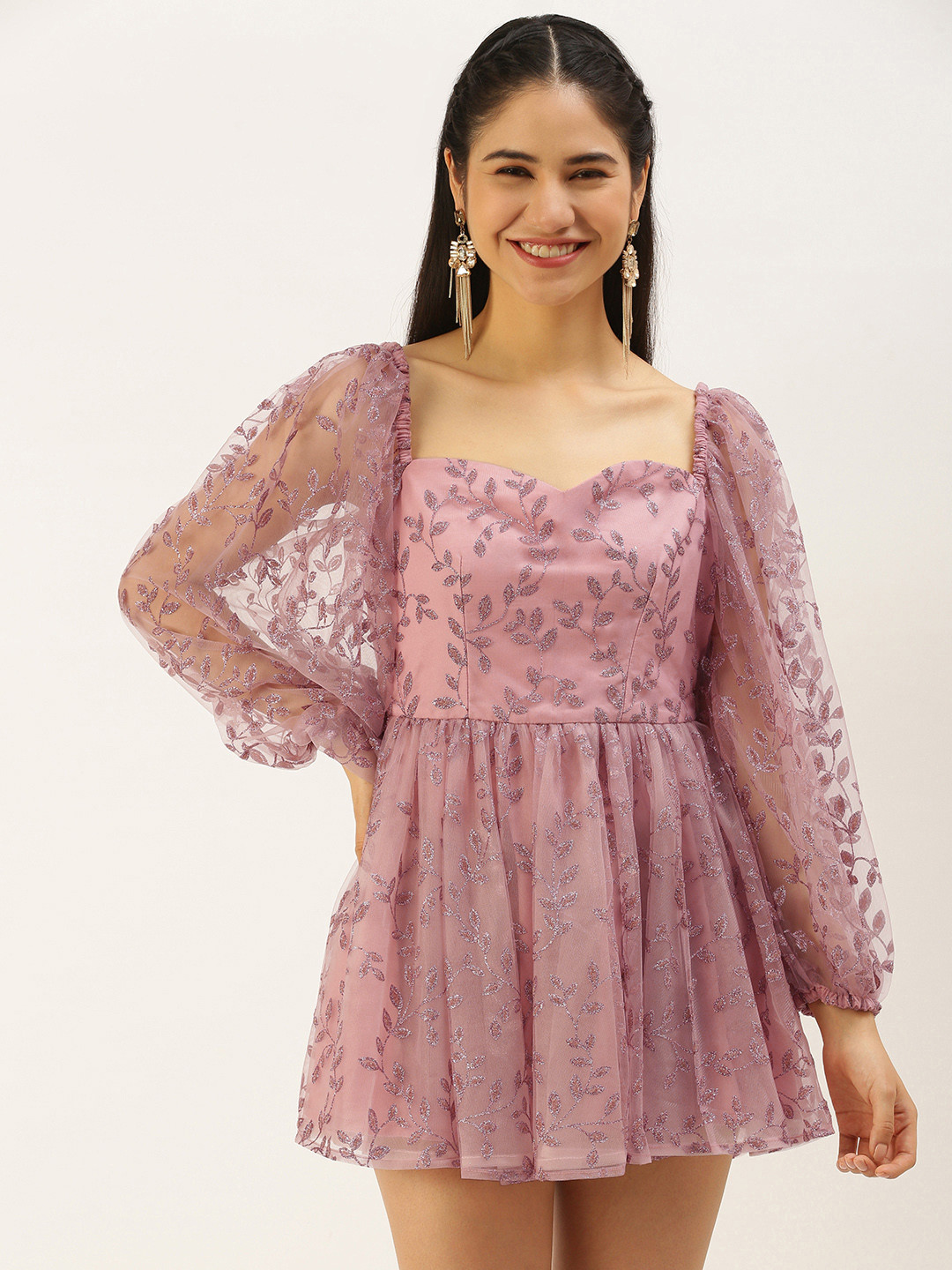 

Ethnovog Dusty Pink Floral Foil Printed Net A-Line Mini Dress, Rose