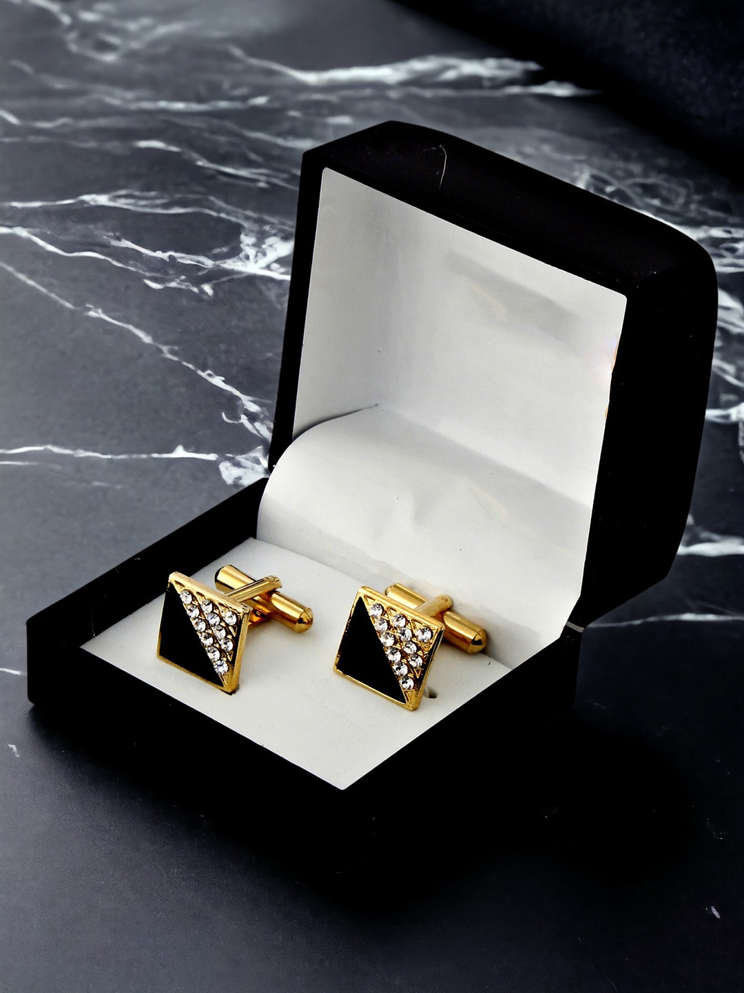 

LUCKY JEWELLERY Gold Plated Black Geometric Cufflink