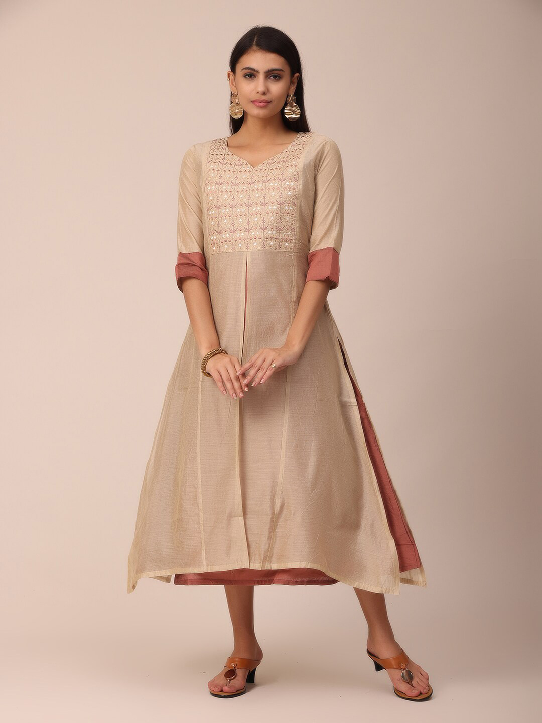

NAYRA Beige & Golden Ethnic Motifs Embroidered V-Neck Pure Cotton Ethnic Dress