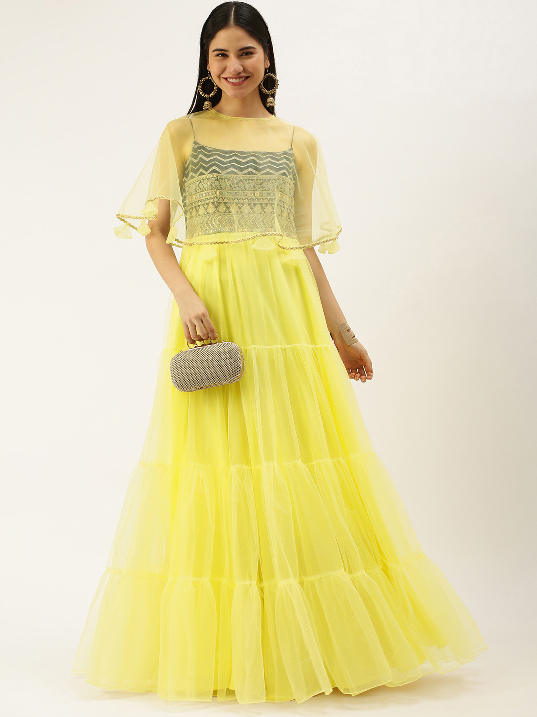 

Ethnovog Yellow Green Ethnic Motifs Embroidered Net Ethnic Maxi Maxi Dress