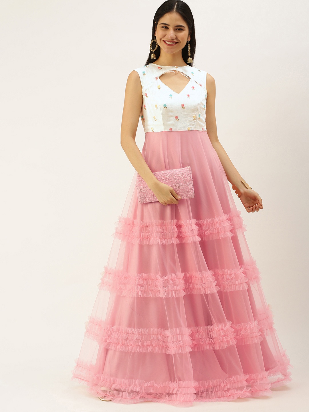 

Ethnovog Off White Pink Floral Embroidered Net Ethnic Maxi Maxi Dress