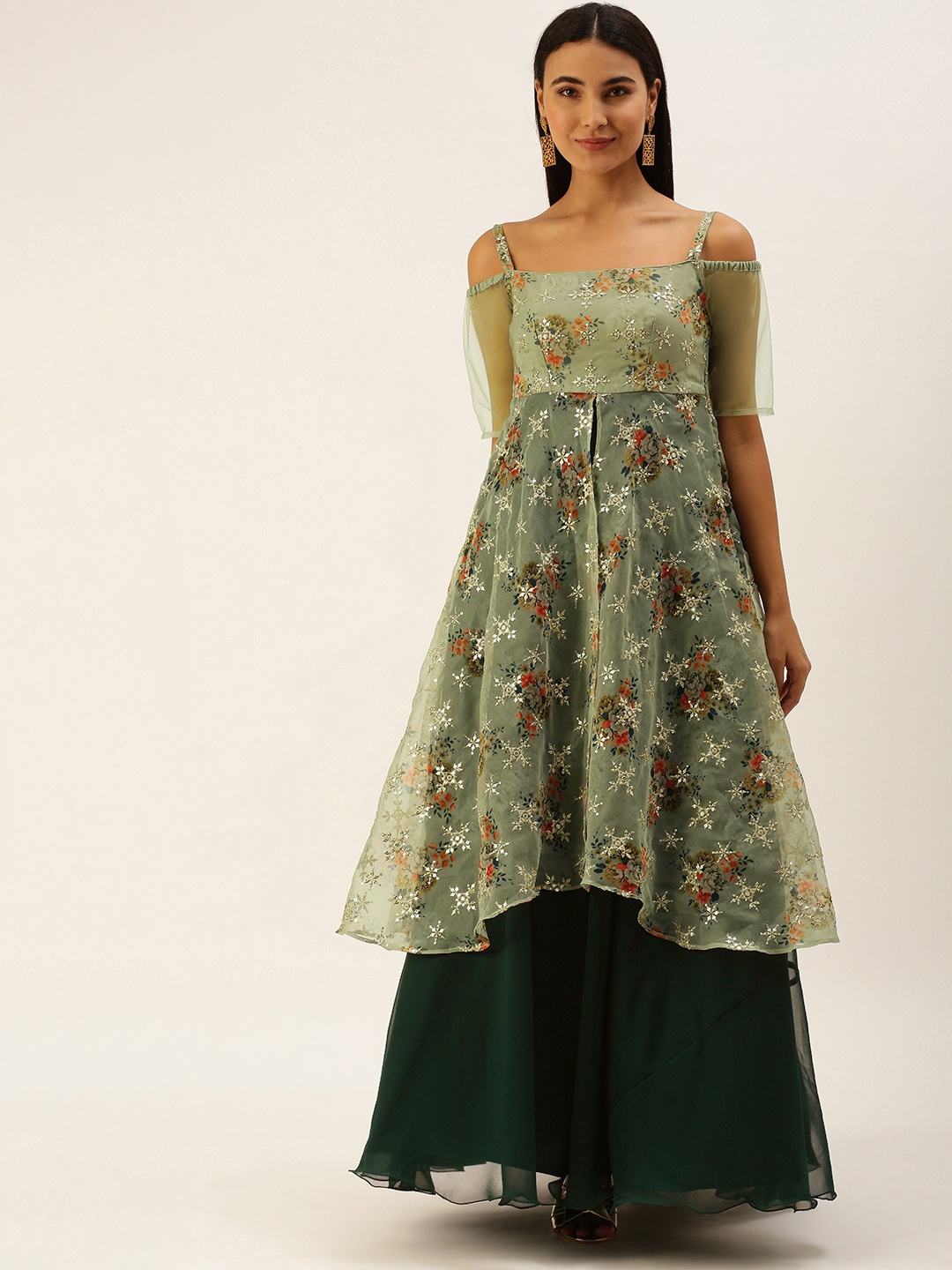 

Ethnovog Olive Green Pink Floral Sequined Layered Ethnic Maxi Dress