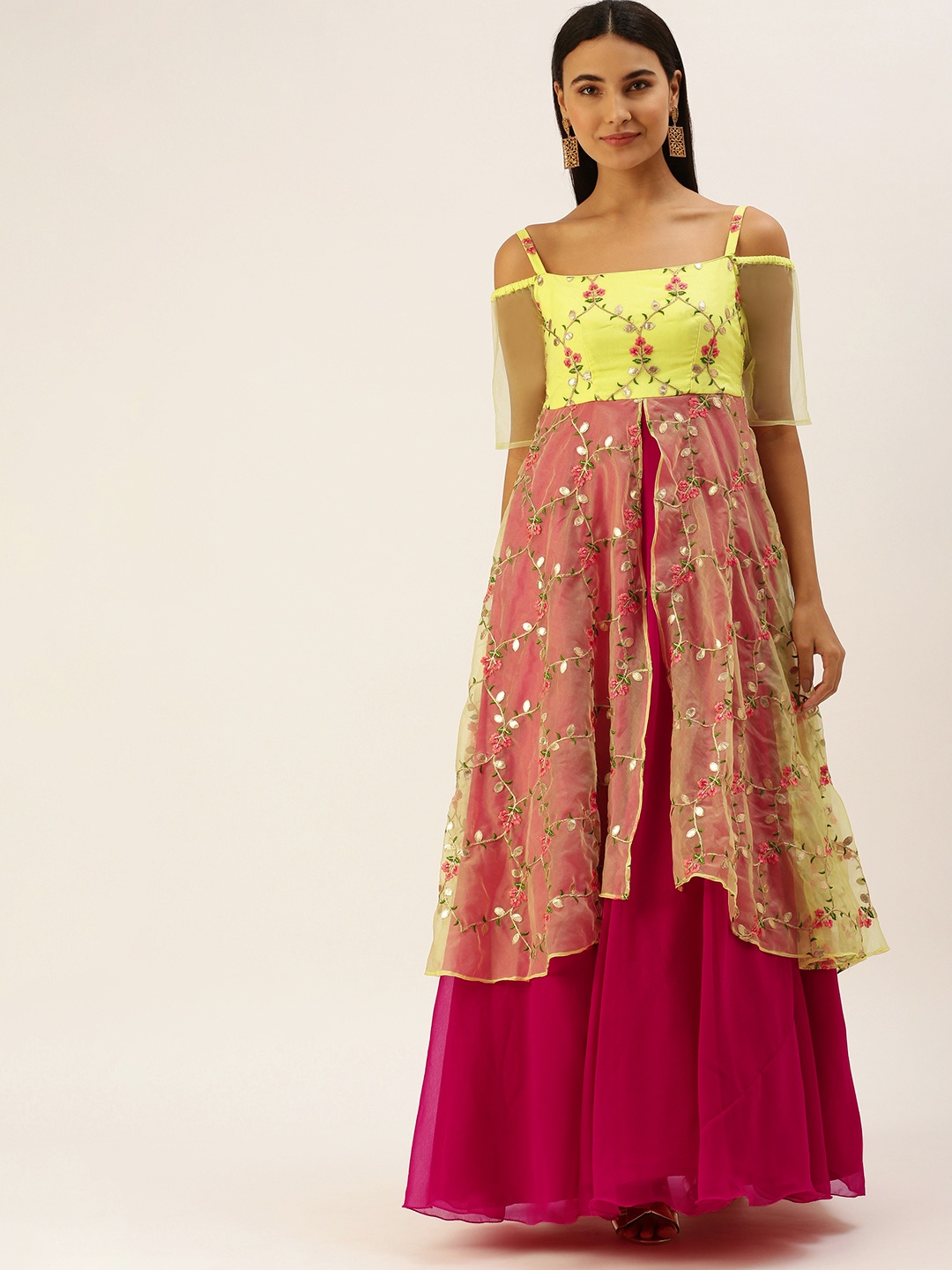 

Ethnovog Yellow Fuchsia Pink Floral Sequined Layered Ethnic Maxi Dress