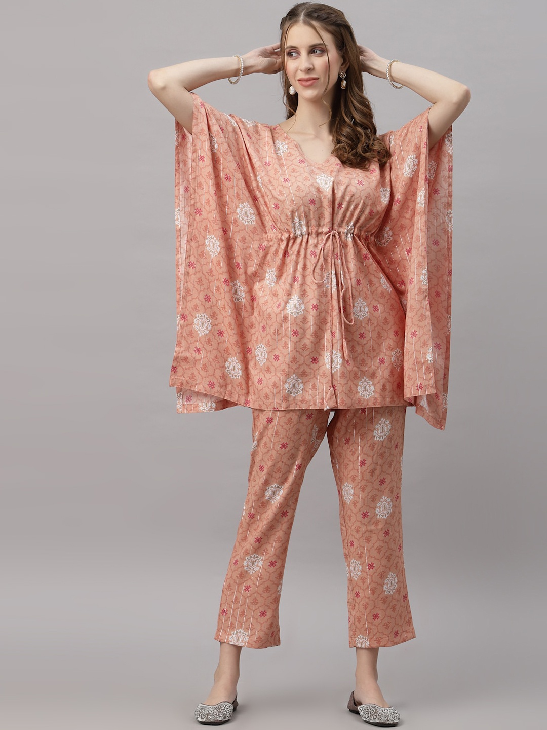 

Ragavi Women Peach Colored Printed Pure Cotton Kaftan Co-Ords Set