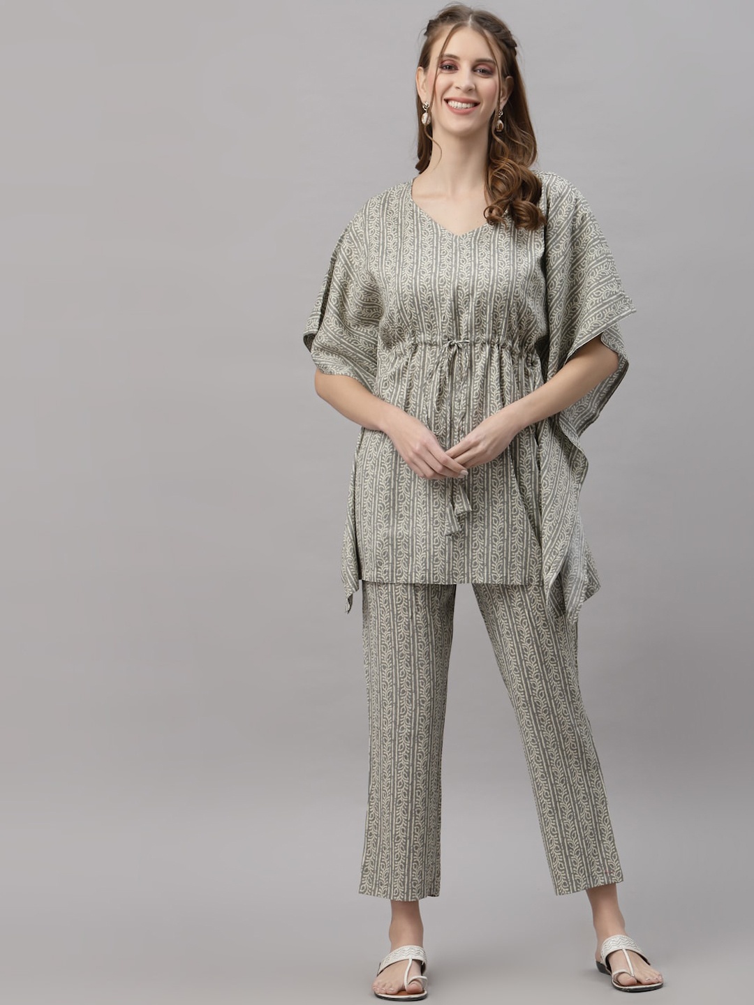 Ragavi Women Grey Printed Pure Cotton Kaftan Co-Ords Set