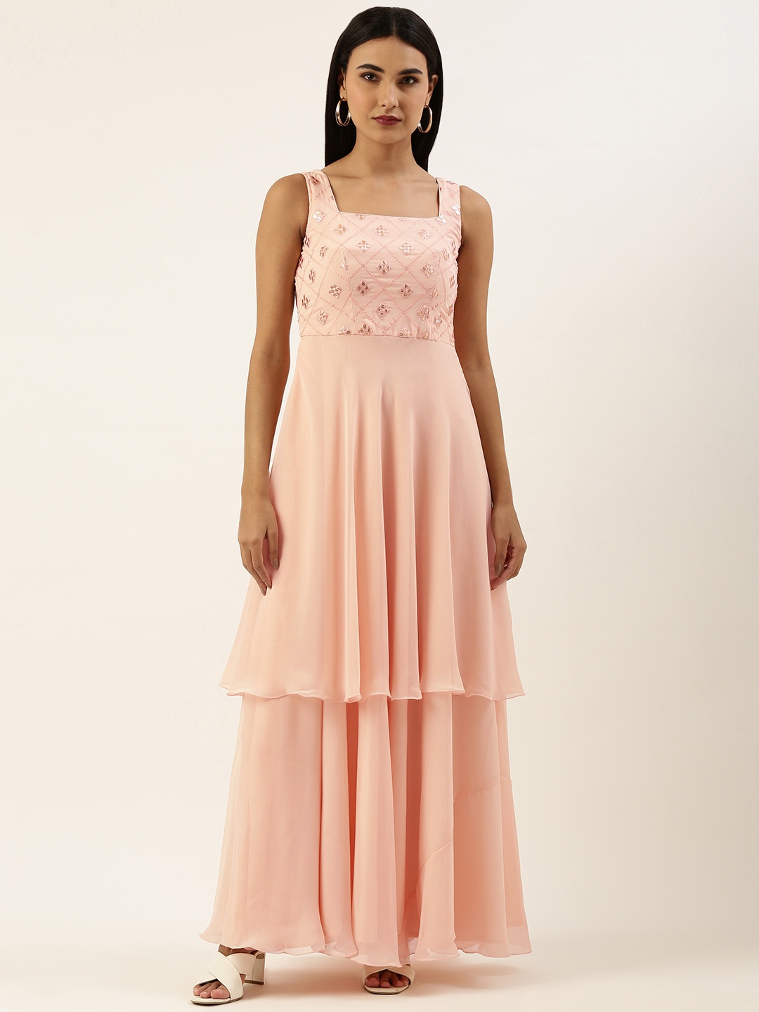 

Ethnovog Peach-Coloured Georgette Maxi Dress