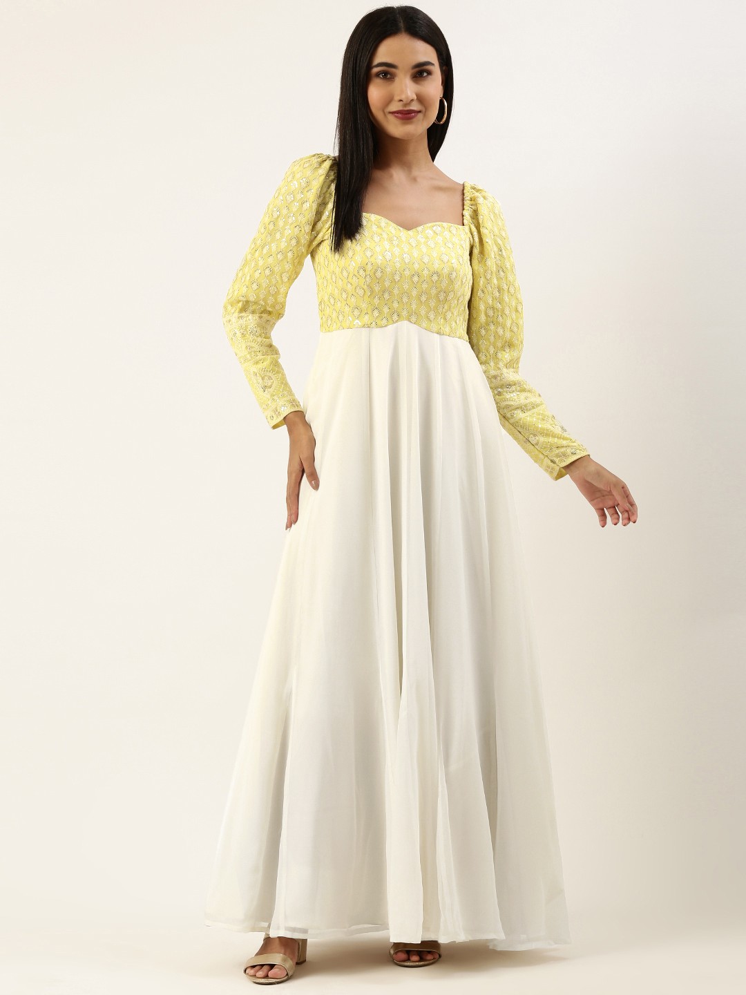 

Ethnovog White Yellow Floral Embroidered Georgette Maxi Dress