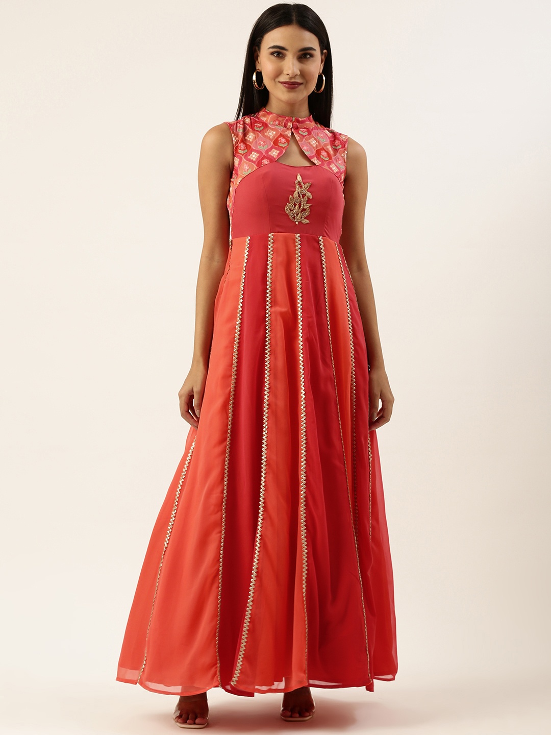 

Ethnovog Orange Floral Embroidered Keyhole Neck Georgette Ethnic Maxi Dress
