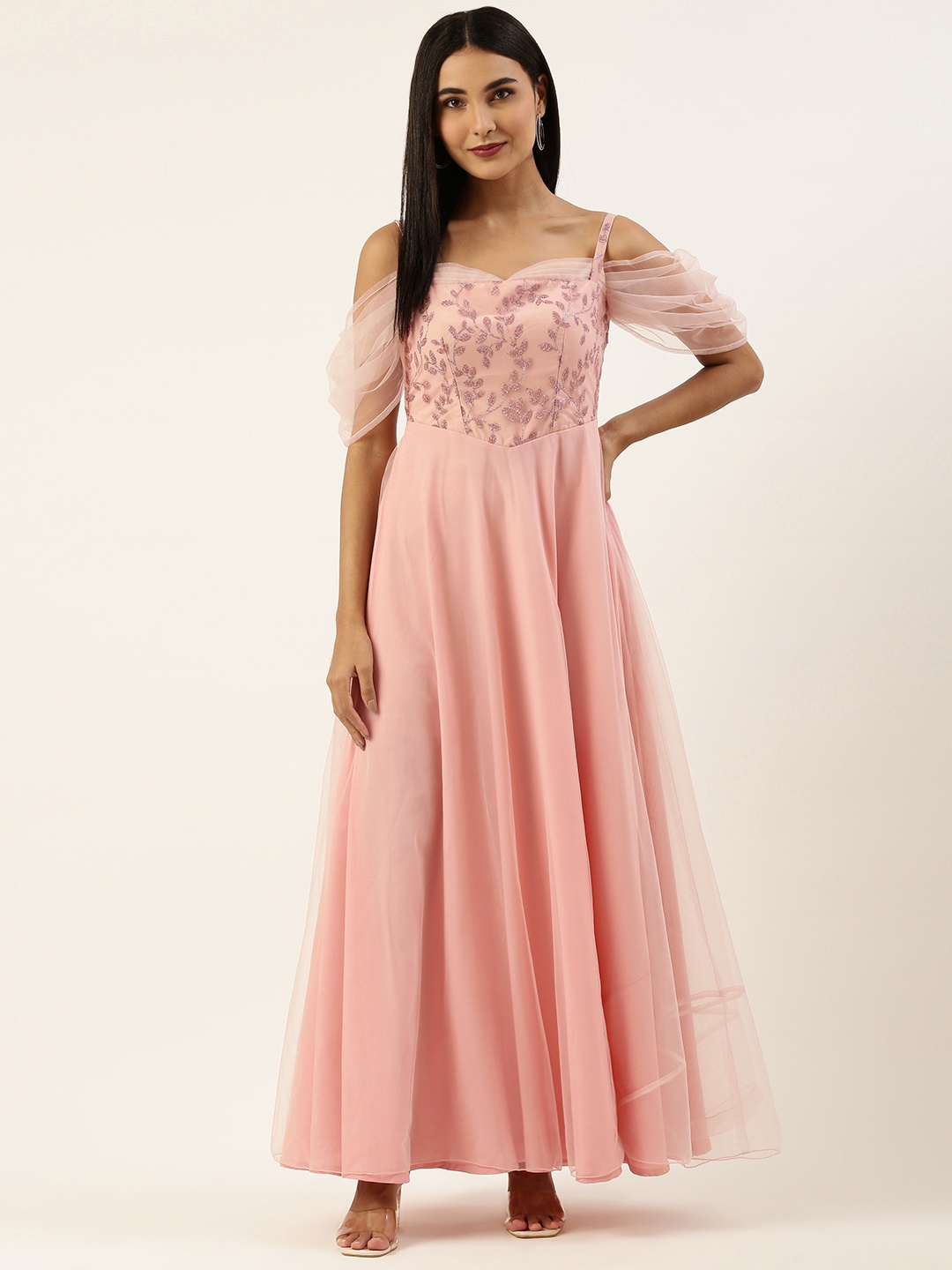 

Ethnovog Pink Floral Embroidered Net Ethnic Maxi Dress
