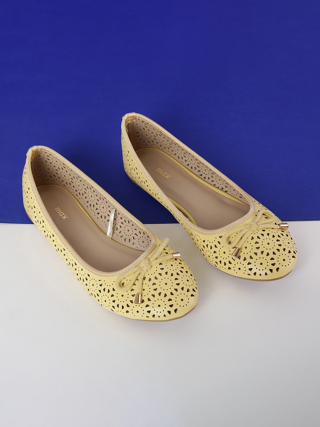 

max Women Yellow Textured Ballerinas with Laser Cuts Flats