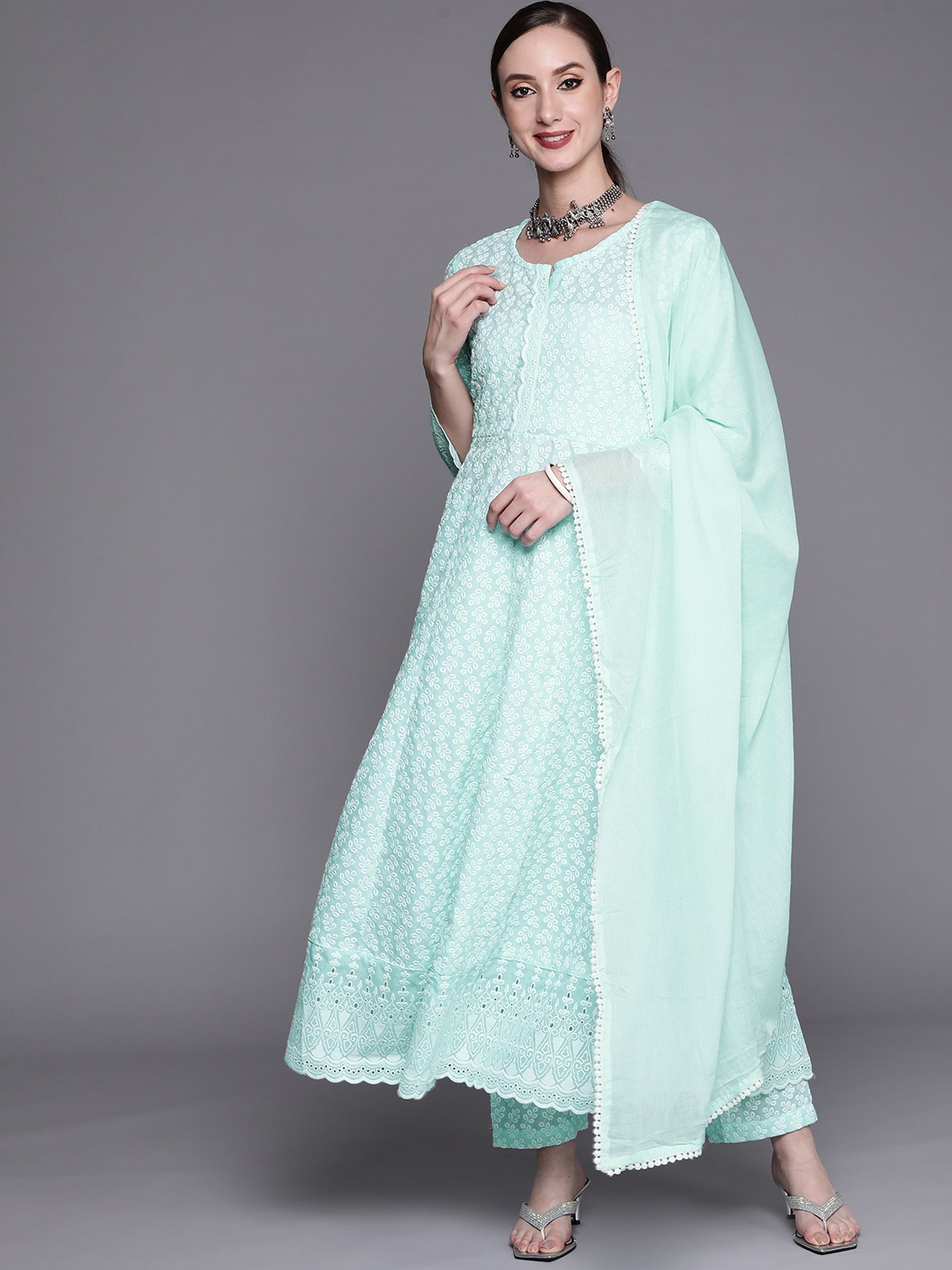 

Indo Era Women Blue Floral Embroidered Empire Thread Work Kurta with Trousers & With Dupatta
