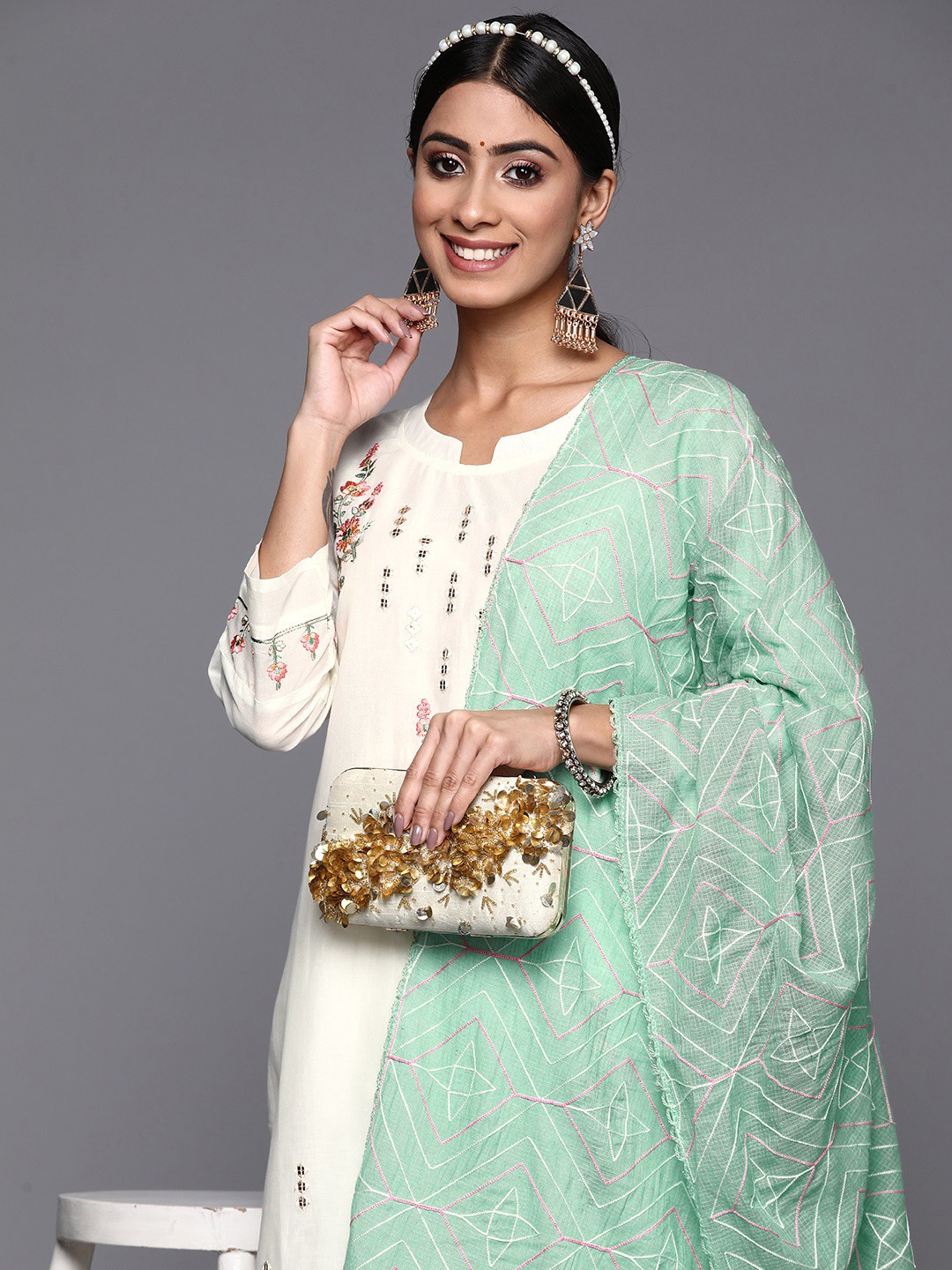 

Indo Era Women White Floral Embroidered Thread Work Kurta with Trousers & With Dupatta