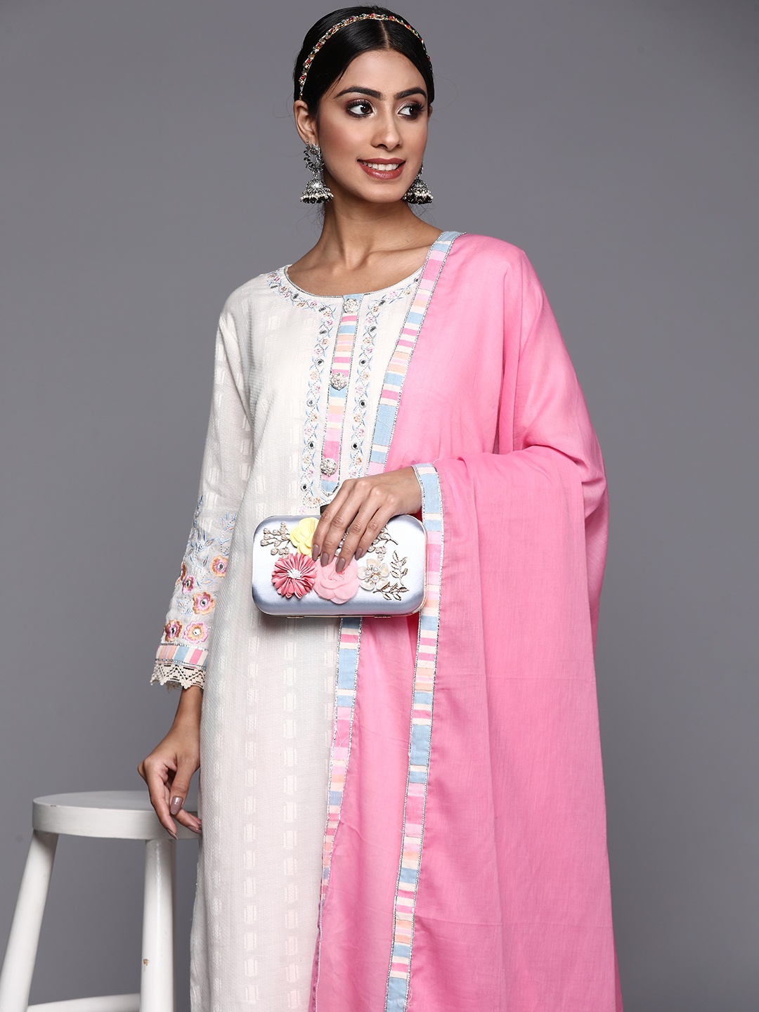 

Indo Era Women White Embroidered Kurta with Trousers & With Dupatta