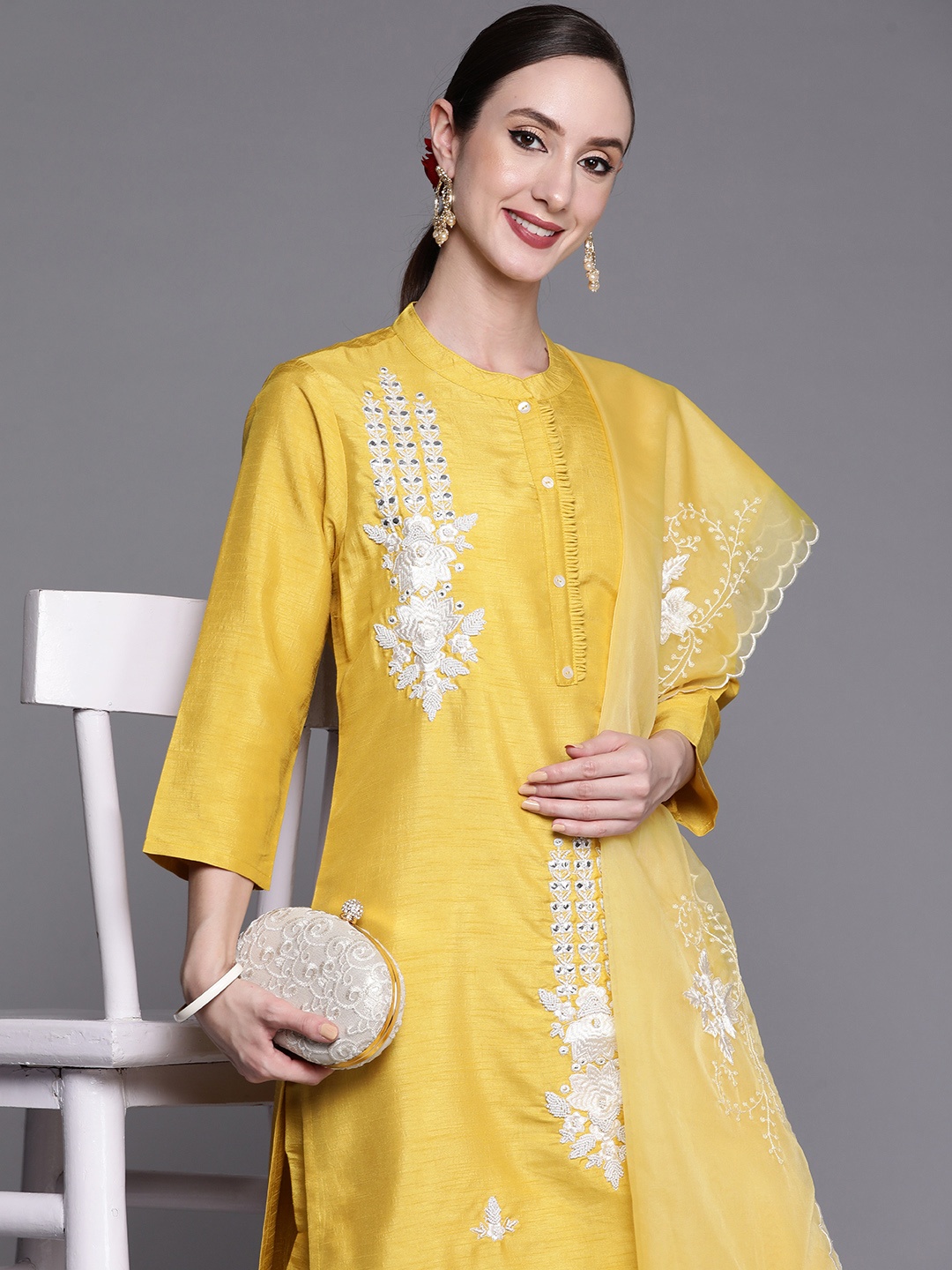 

Indo Era Women Yellow Floral Embroidered Mirror Work Kurta with Trousers & With Dupatta