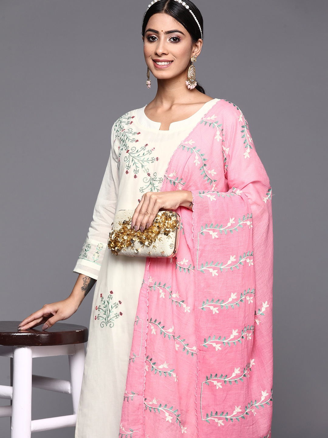 

Indo Era Women White & Pink Floral Embroidered Straight Kurta Trousers Dupatta