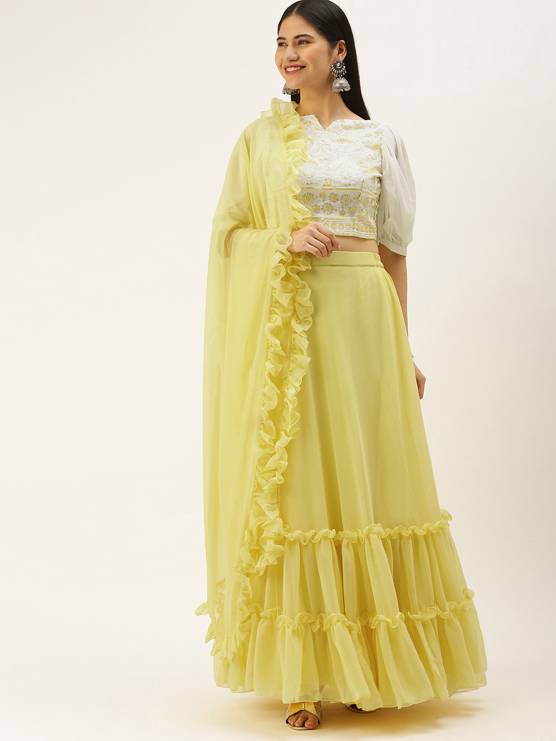 

Ethnovog Off White Yellow Embroidered Sequinned Ready to Wear Lehenga Blouse With Dupatta