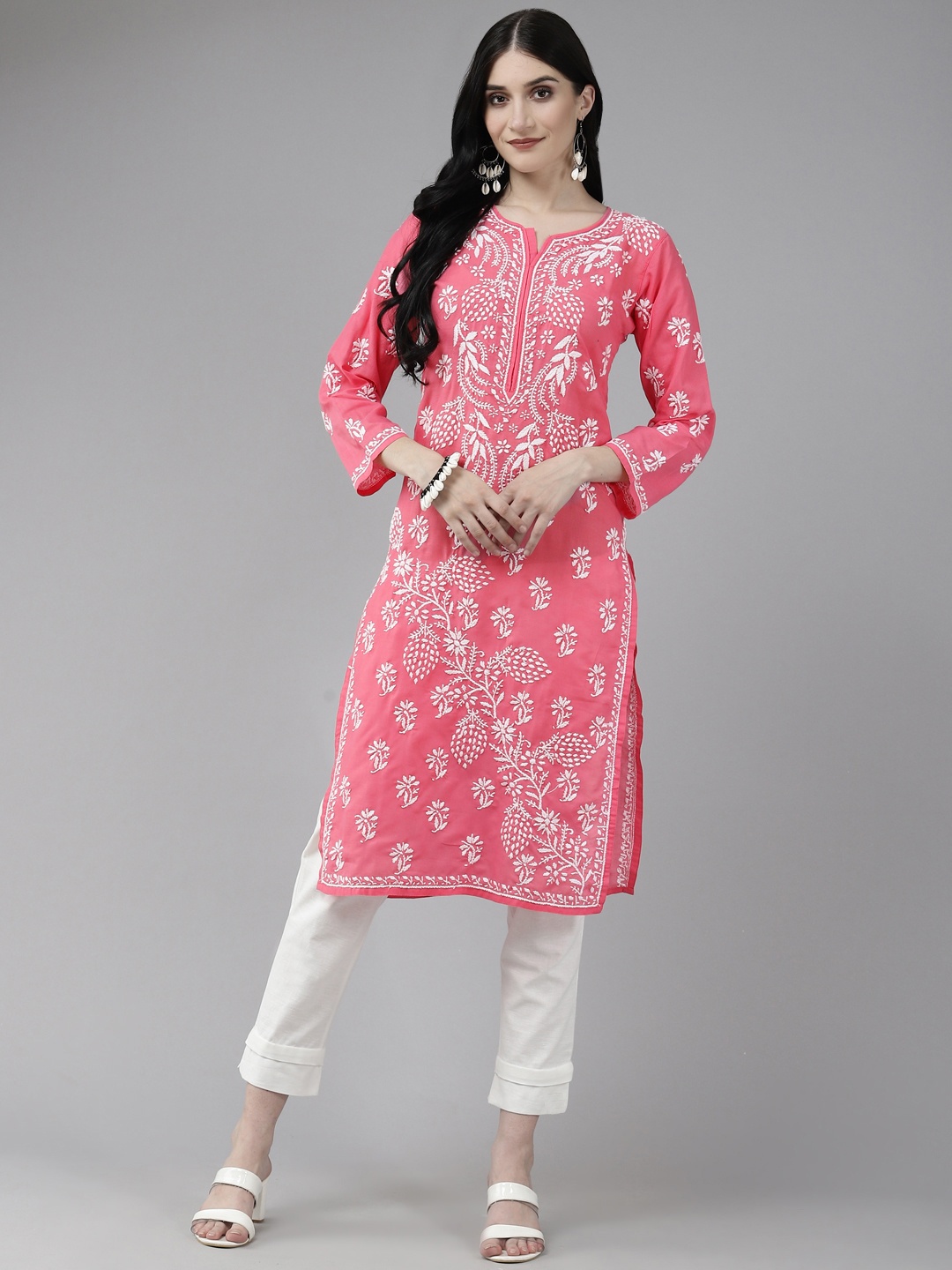 

ADA Women Pink & White Ethnic Motifs Embroidered Chikankari Cotton Kurta