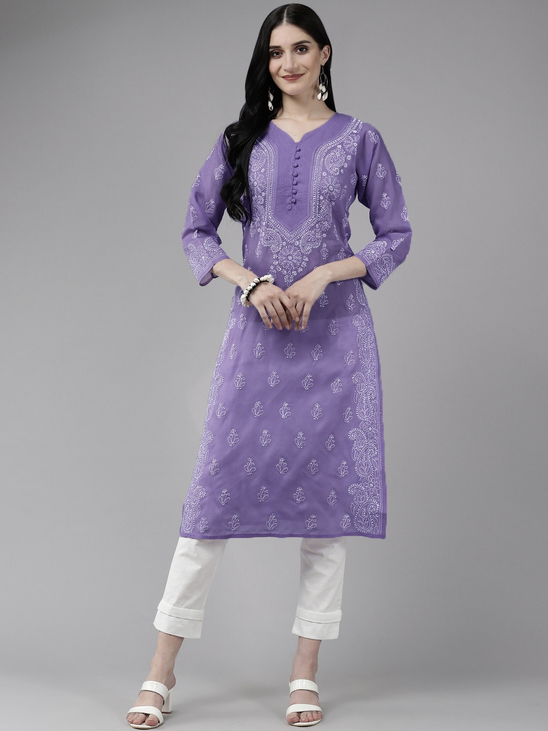 

ADA Women Purple & White Ethnic Motifs Embroidered Chikankari Cotton Kurta