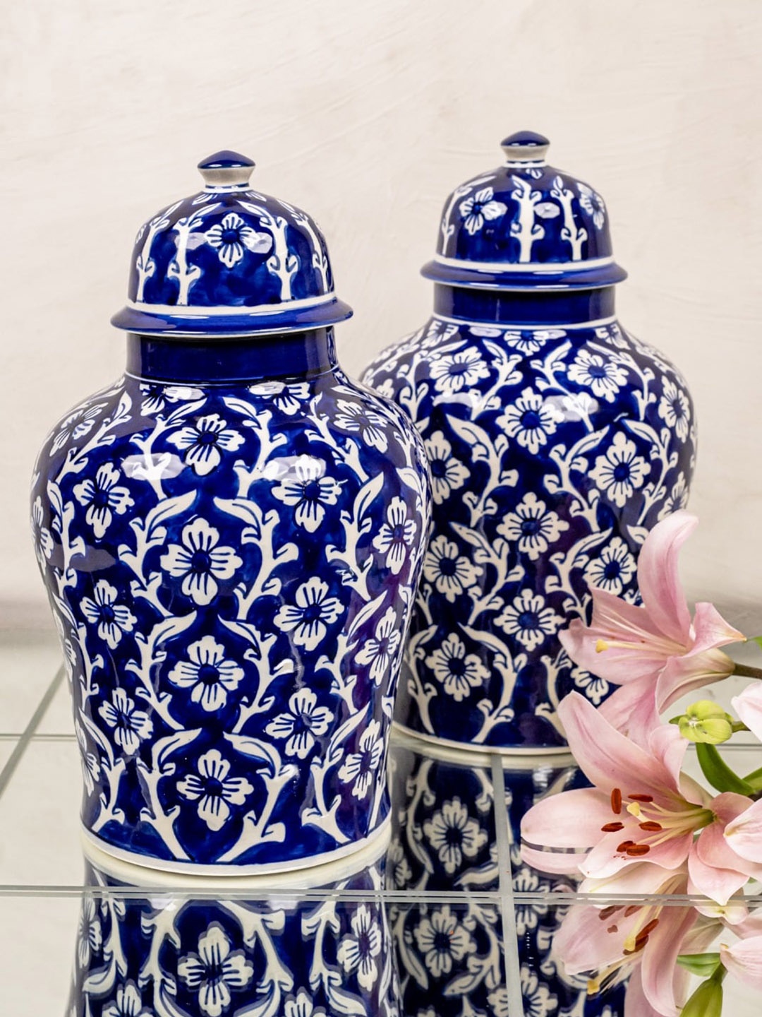 

The 7 DeKor Set Of 2 Blue & White Floral Printed Jar Showpieces