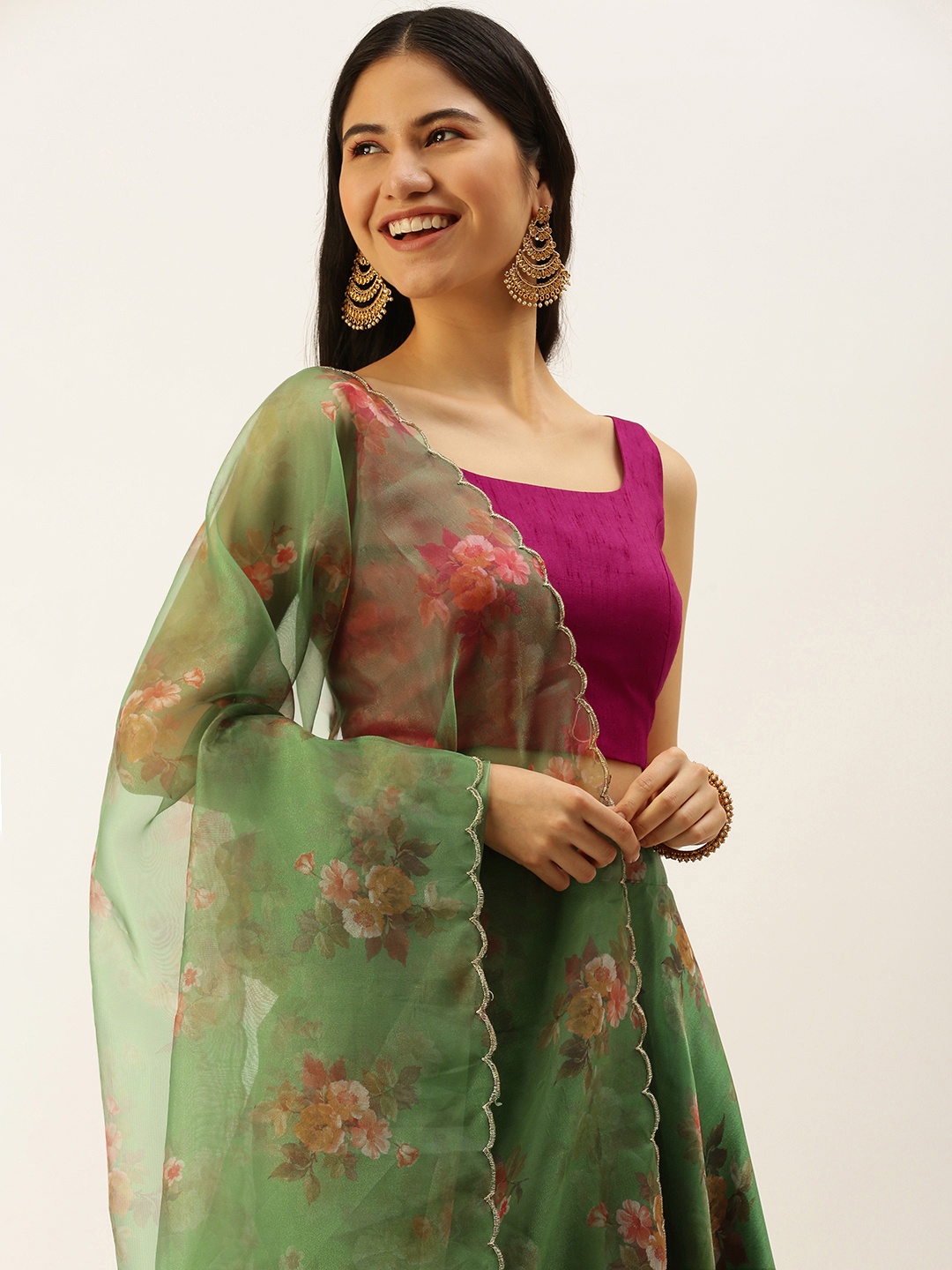 

LOOKNBOOK ART Women Green Organza with Floral Print Lehenga Choli