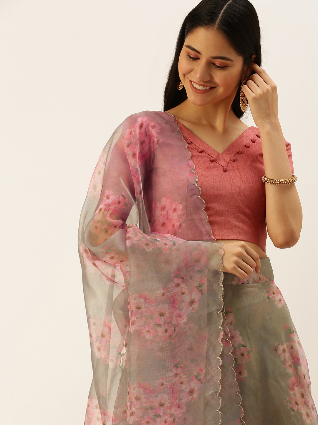 

LOOKNBOOK ART Lime Green Organza with Floral Print Lehenga Choli, Pink