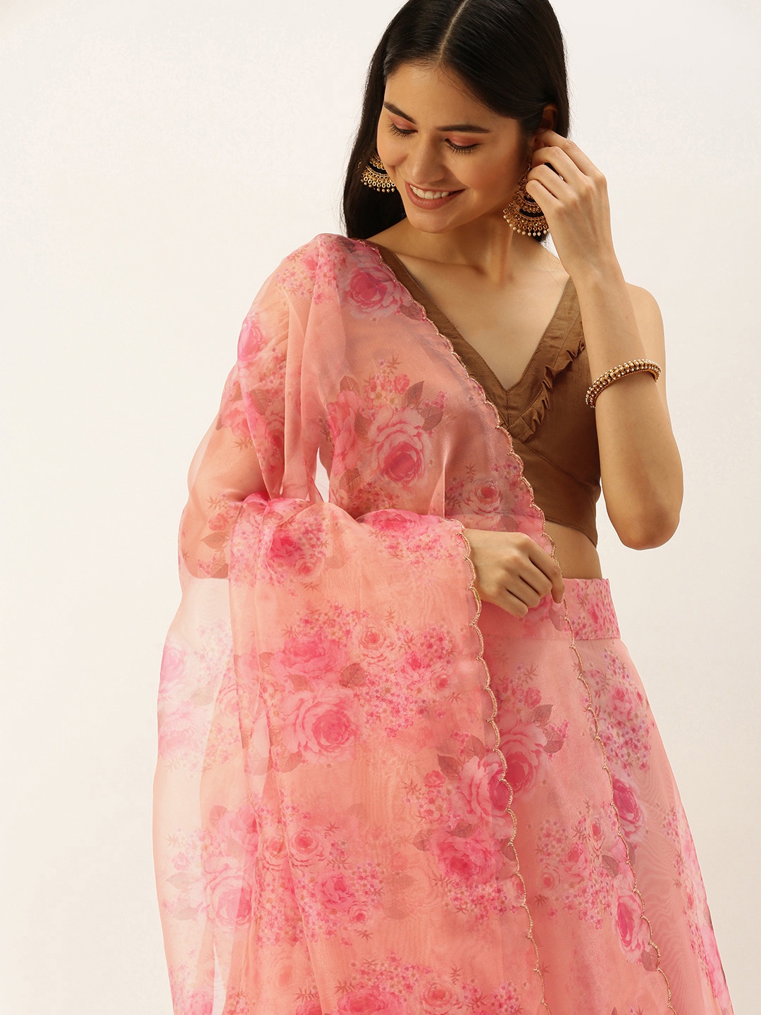 

LOOKNBOOK ART Peach Organza with Floral Print Lehenga Choli, Copper