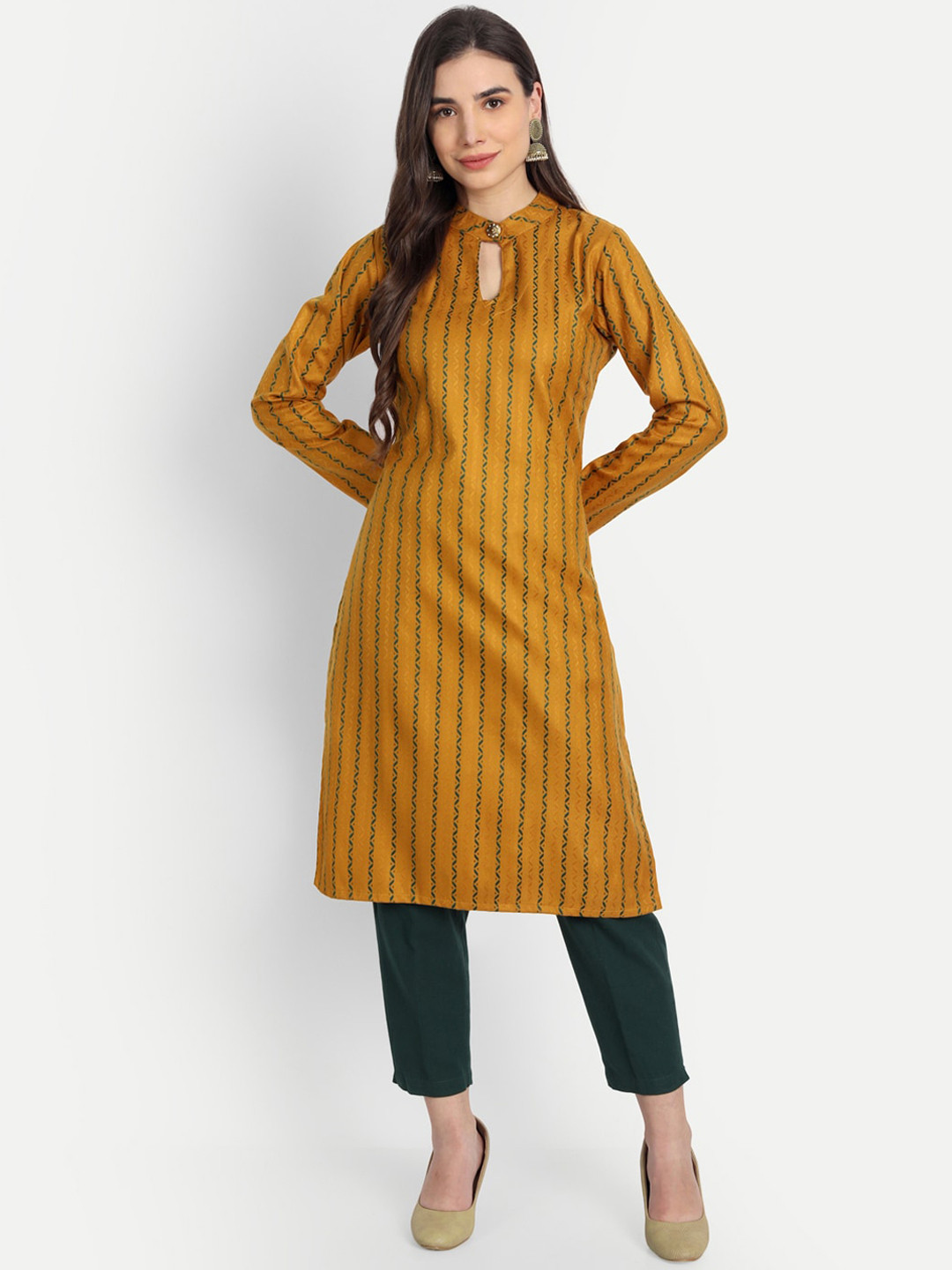 

Alavya Women Mustard Yellow Striped Woven Design Woolen Winter Kurta
