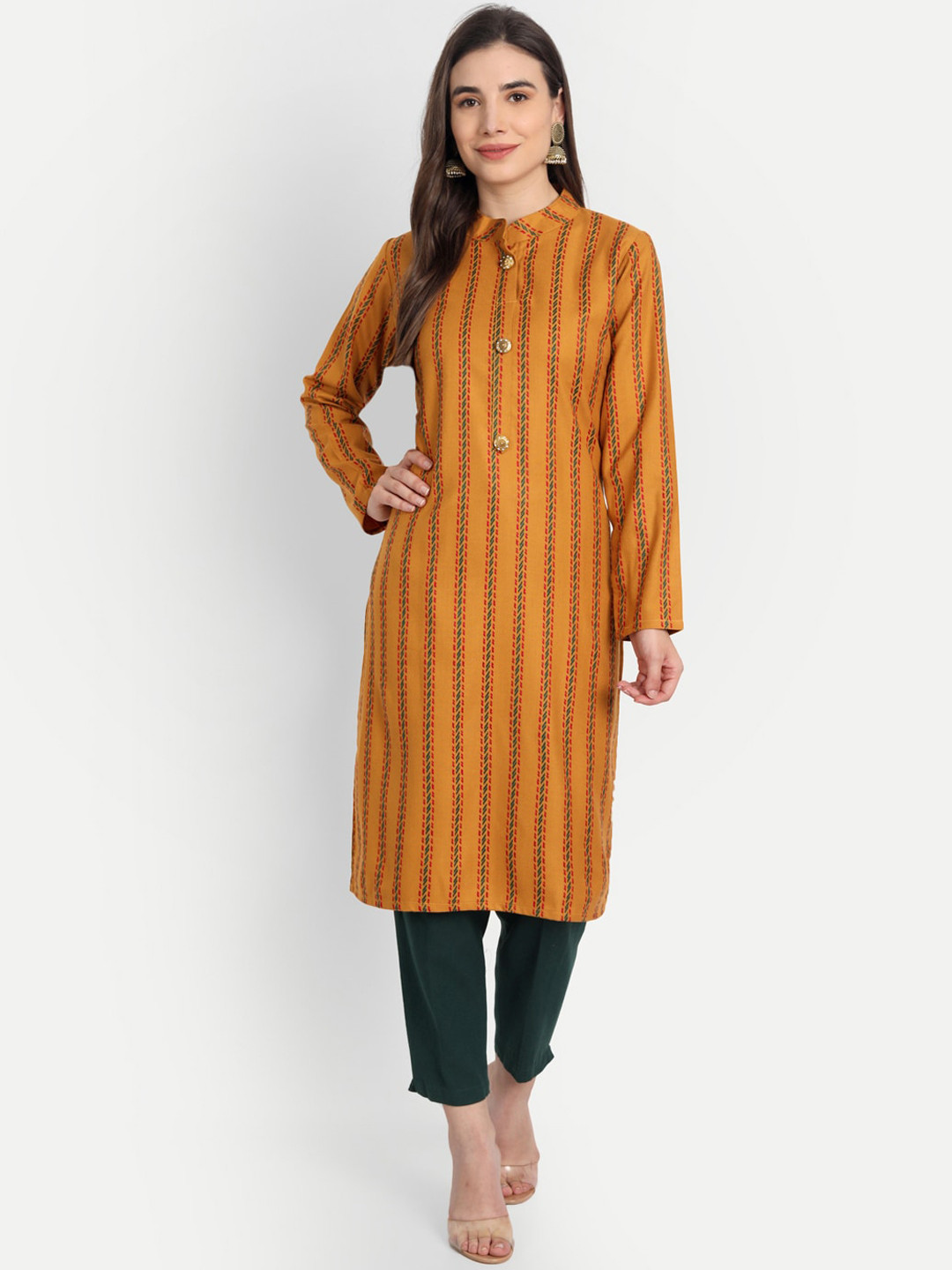 

Alavya Women Mustard Yellow Striped Woven Design Mandarin Collar Dobby Woolen Winter Kurta