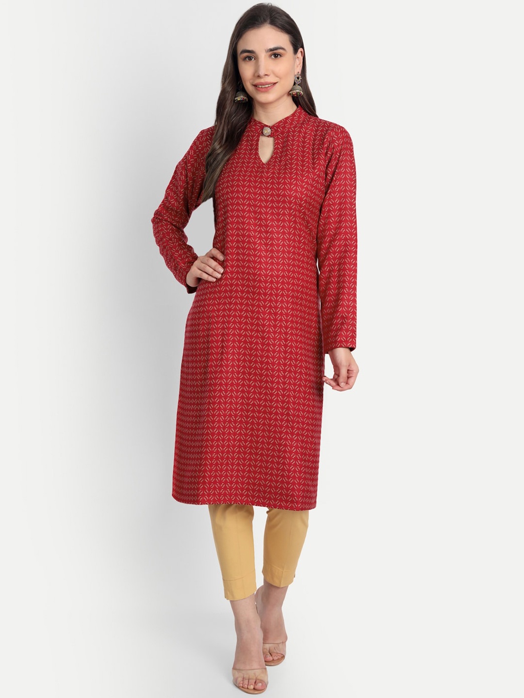 

Alavya Women Red Geometric Printed Keyhole Neck Dobby Woolen Kurta