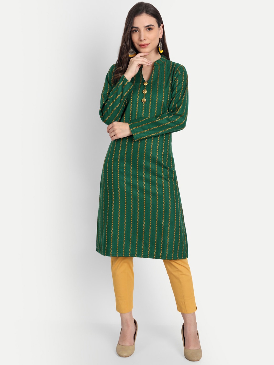 

Alavya Women Green Striped Straight Acrylic Kurta