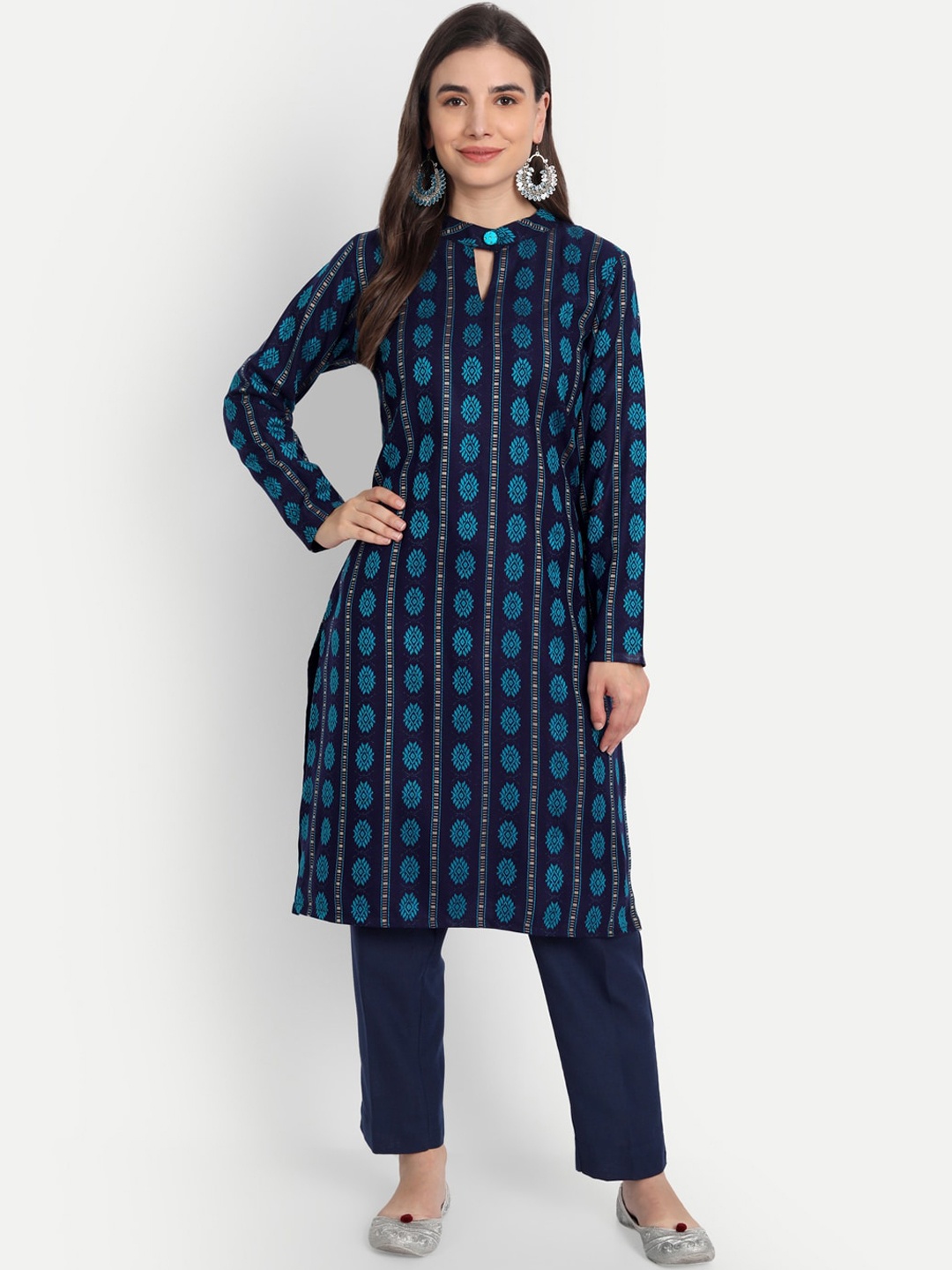 

Alavya Women Navy Blue Ethnic Motifs Printed Keyhole Neck Jacquard Kurta