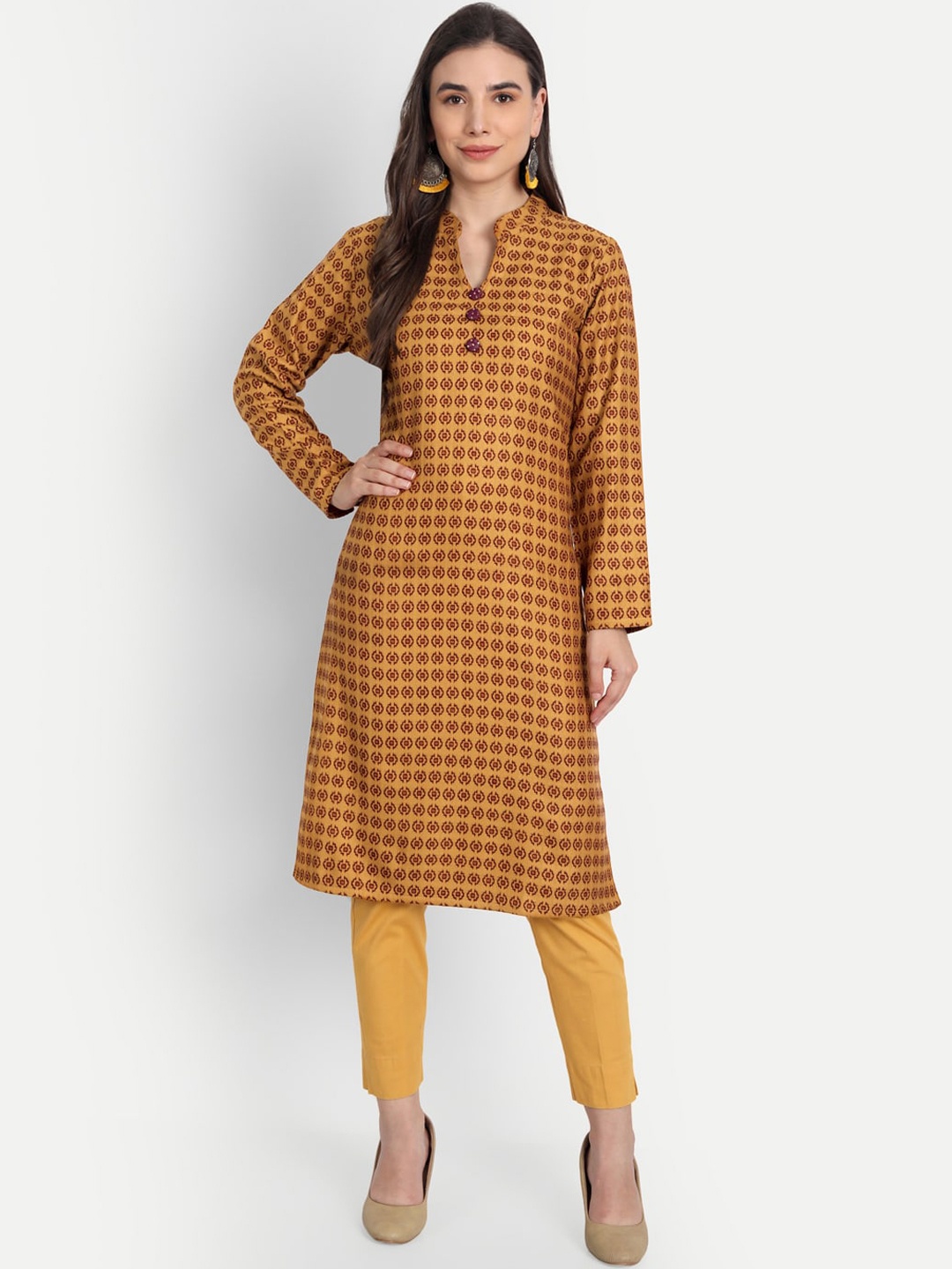 

Alavya Women Mustard Yellow Acrylic Geometric Printed Dobby Kurta