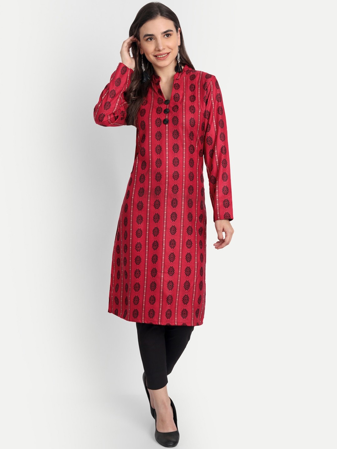 

Alavya Women Red Ethnic Motifs Printed Jacquard Kurta