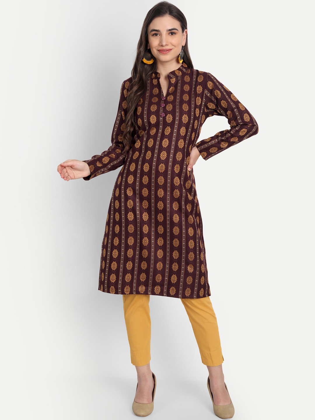 

Alavya Women Ethnic Motifs Printed Thread Work Jacquard Kurta, Brown