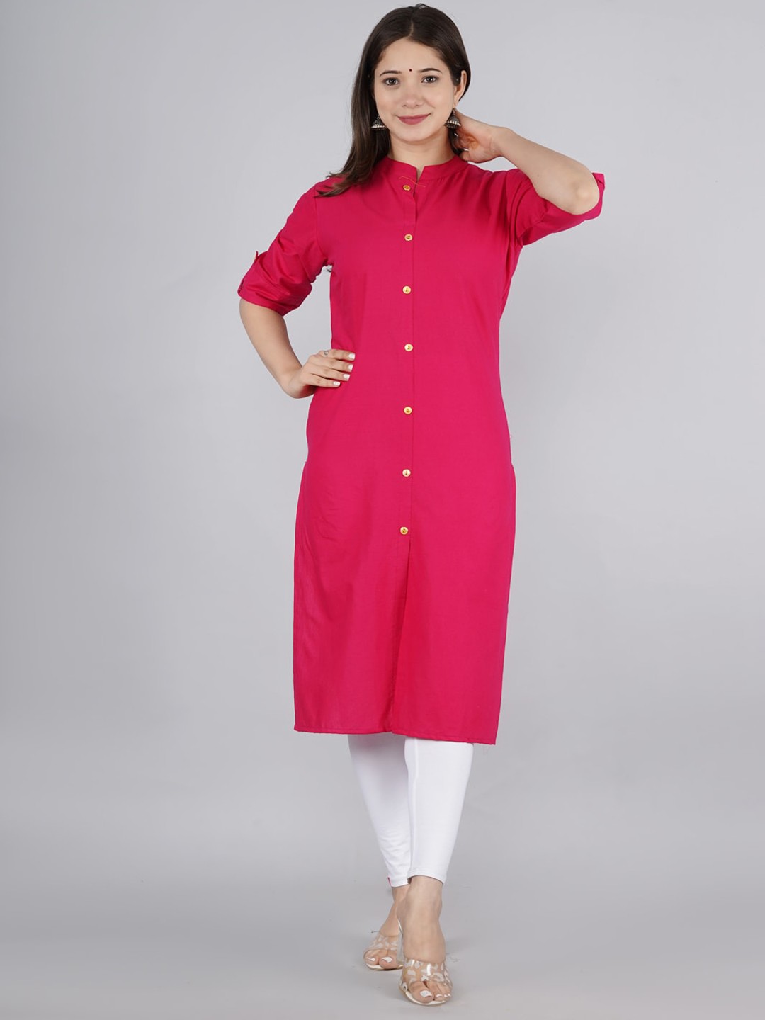 

kipek Women Pink Solid Mandarin Collar Rolled Up Sleeves Cotton Kurta