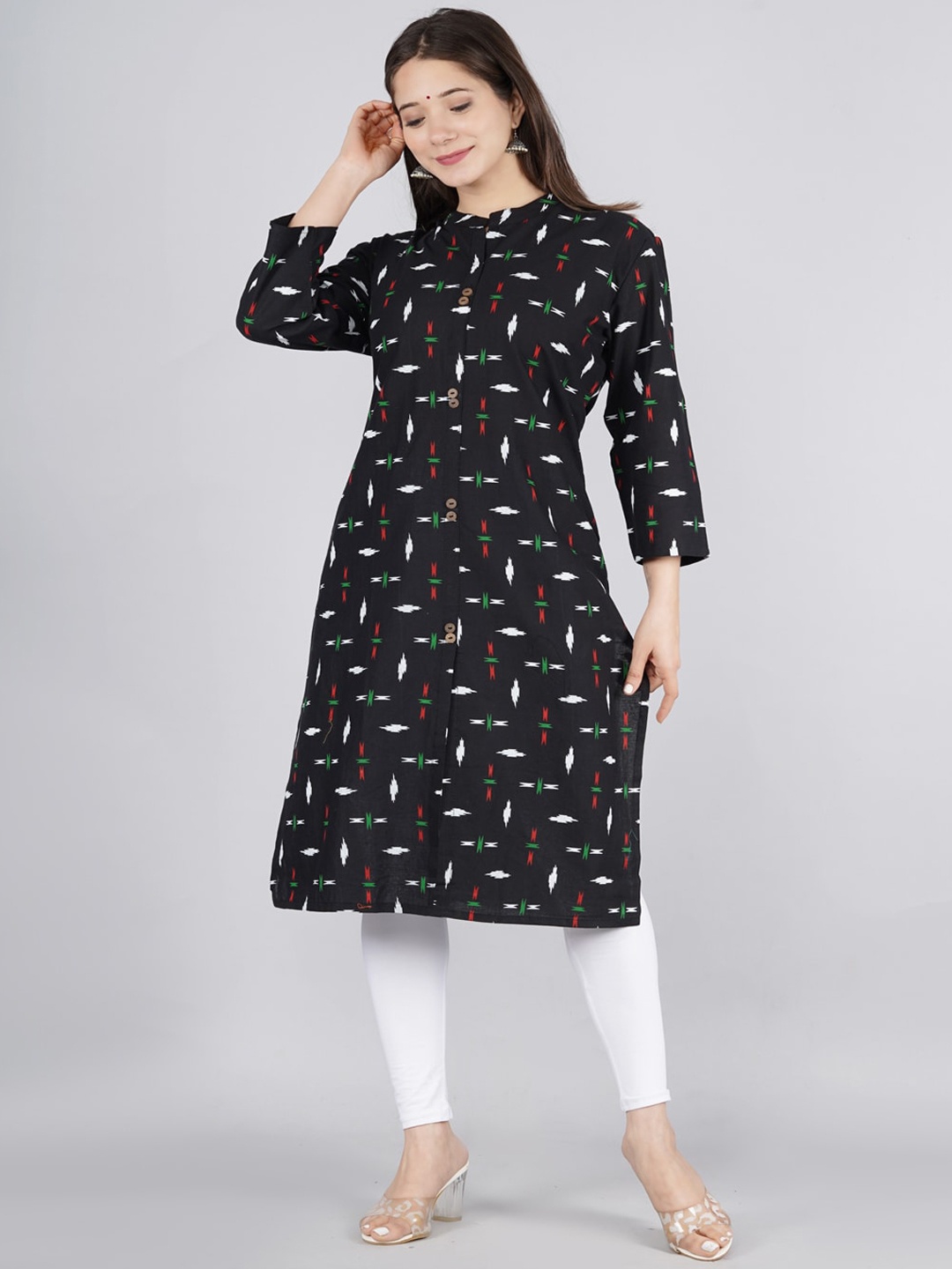 

kipek Women Black Quirky Printed Flared Sleeves Thread Work Kurta
